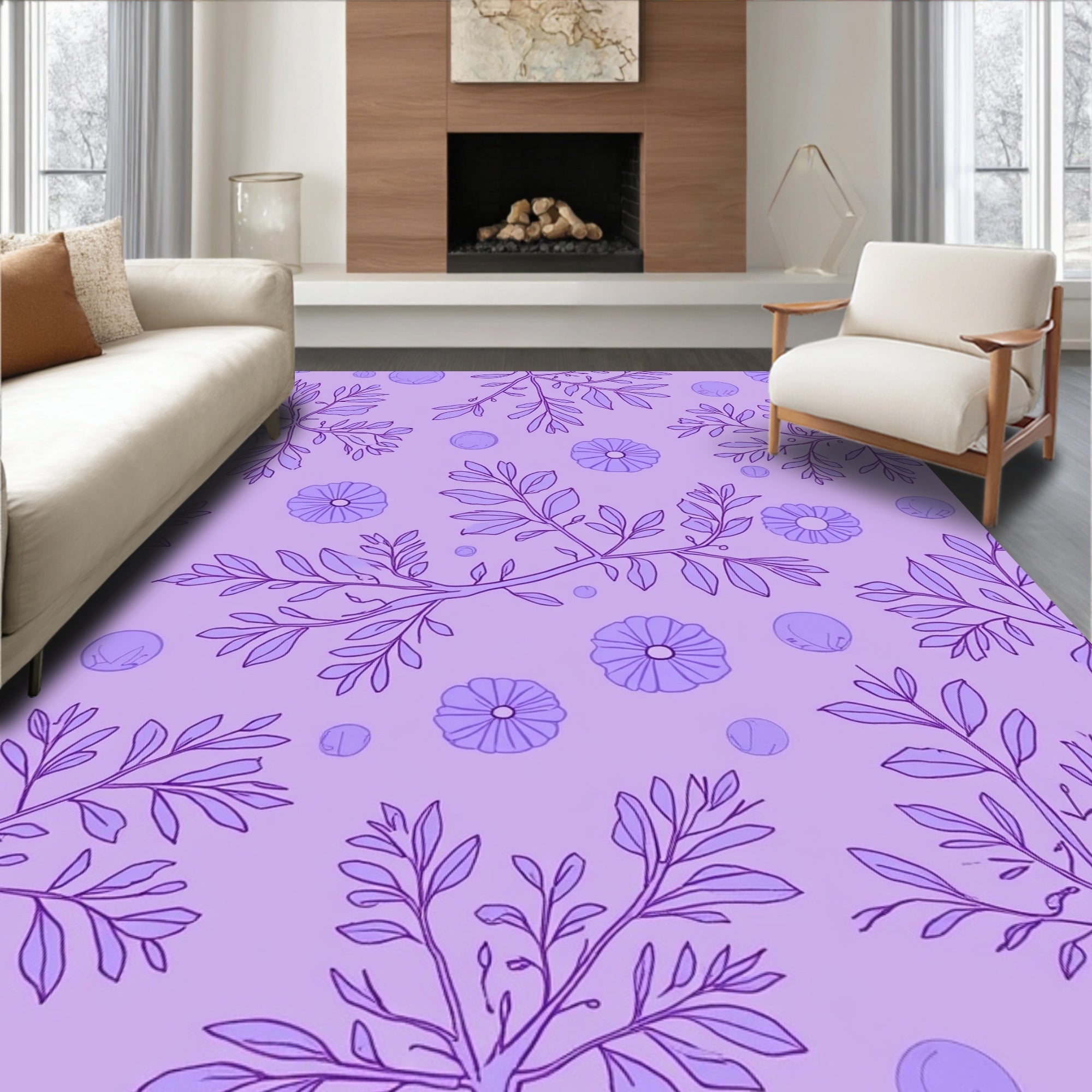 Lavender Floral Branch Botanical Pattern Rug