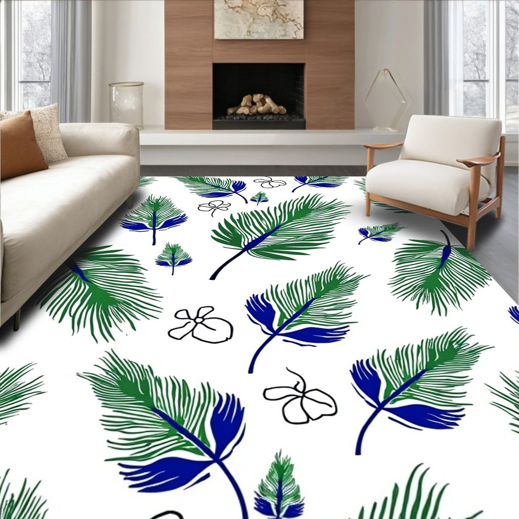 Green Blue Feather Floral Pattern Rug