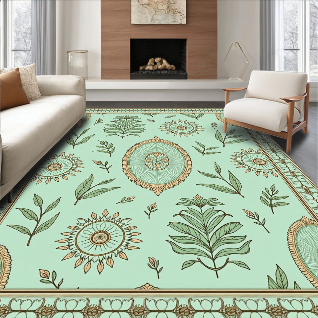 Pale Green Floral Medallion Border Rug