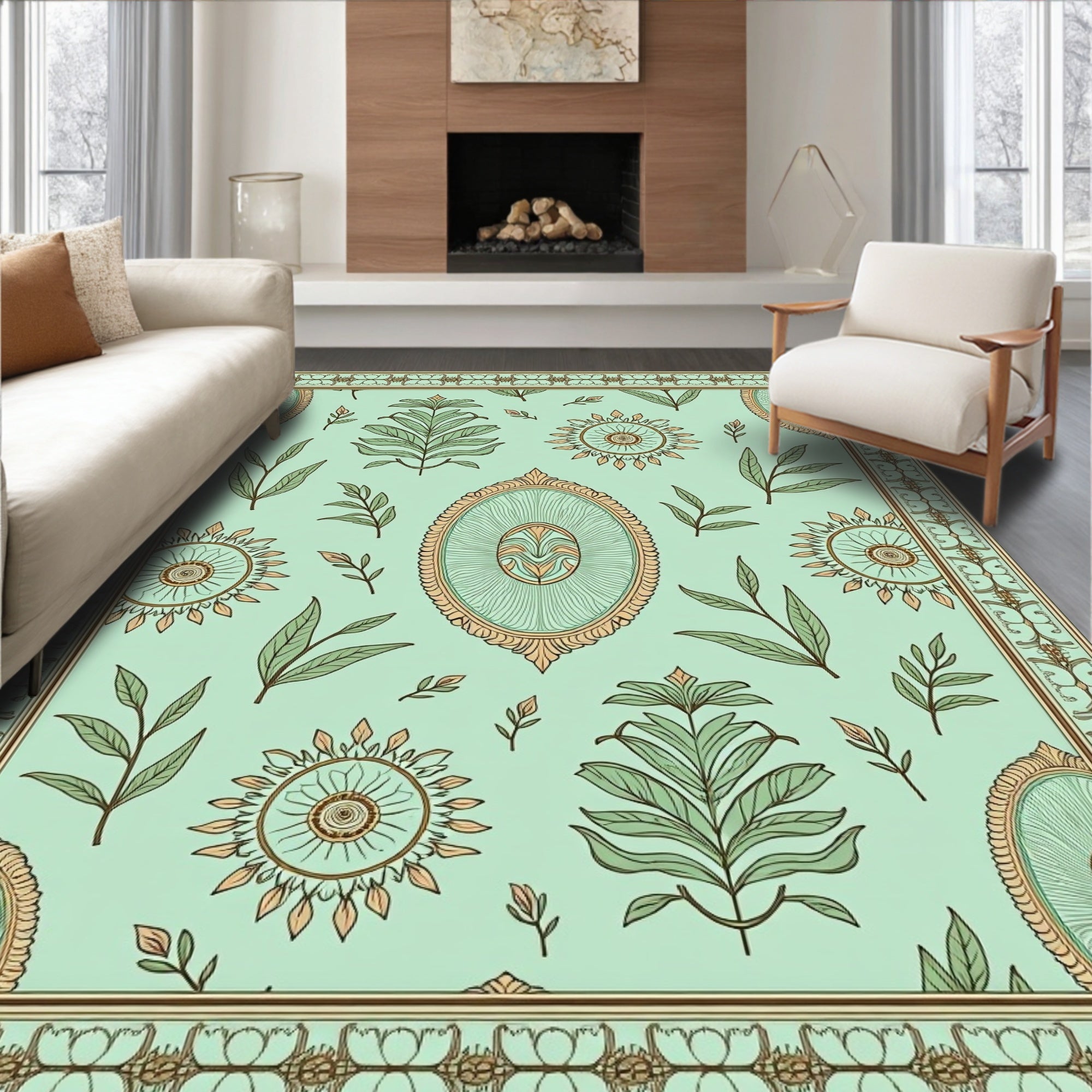 Pale Green Floral Medallion Border Rug