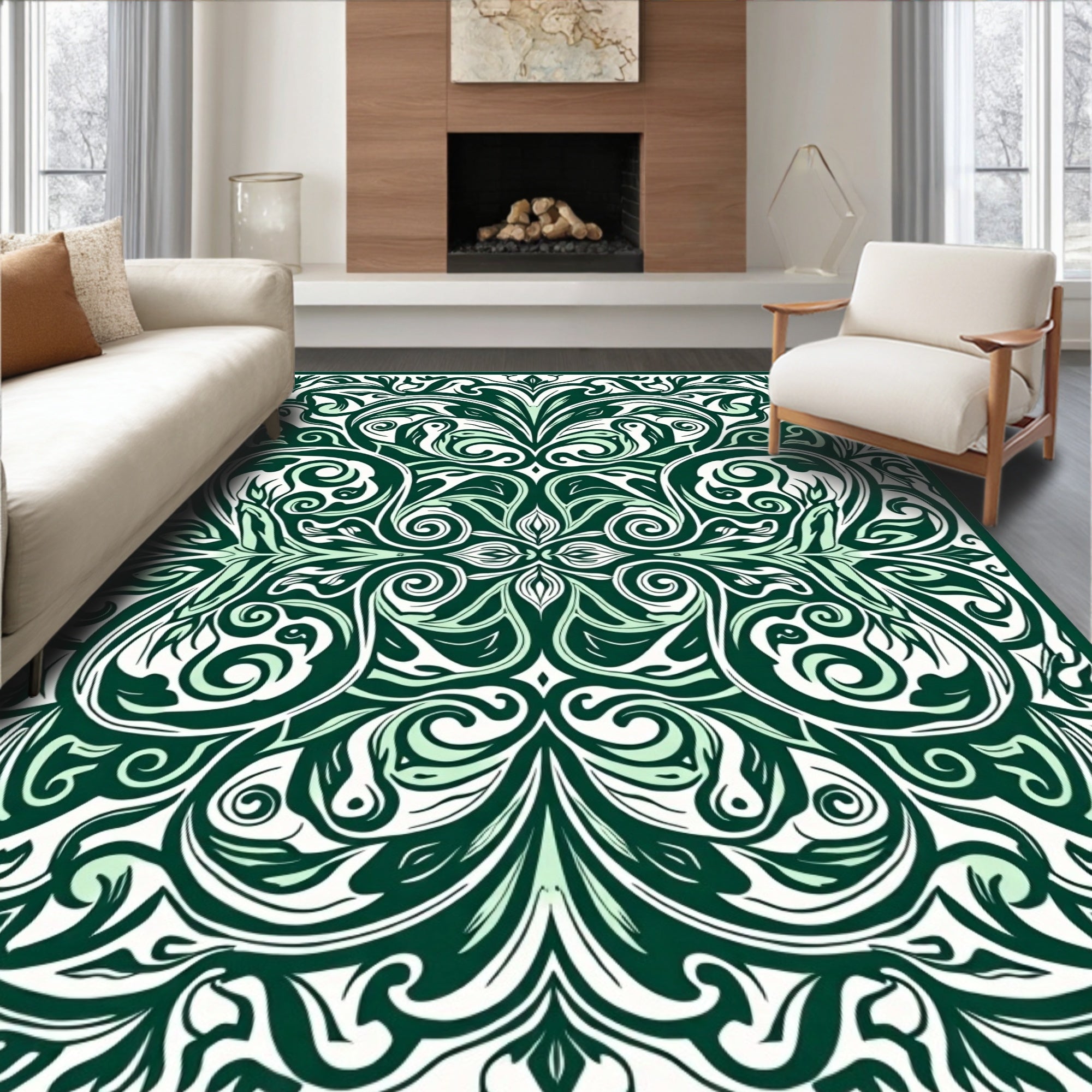 Emerald Botanical Swirl Scroll Rug