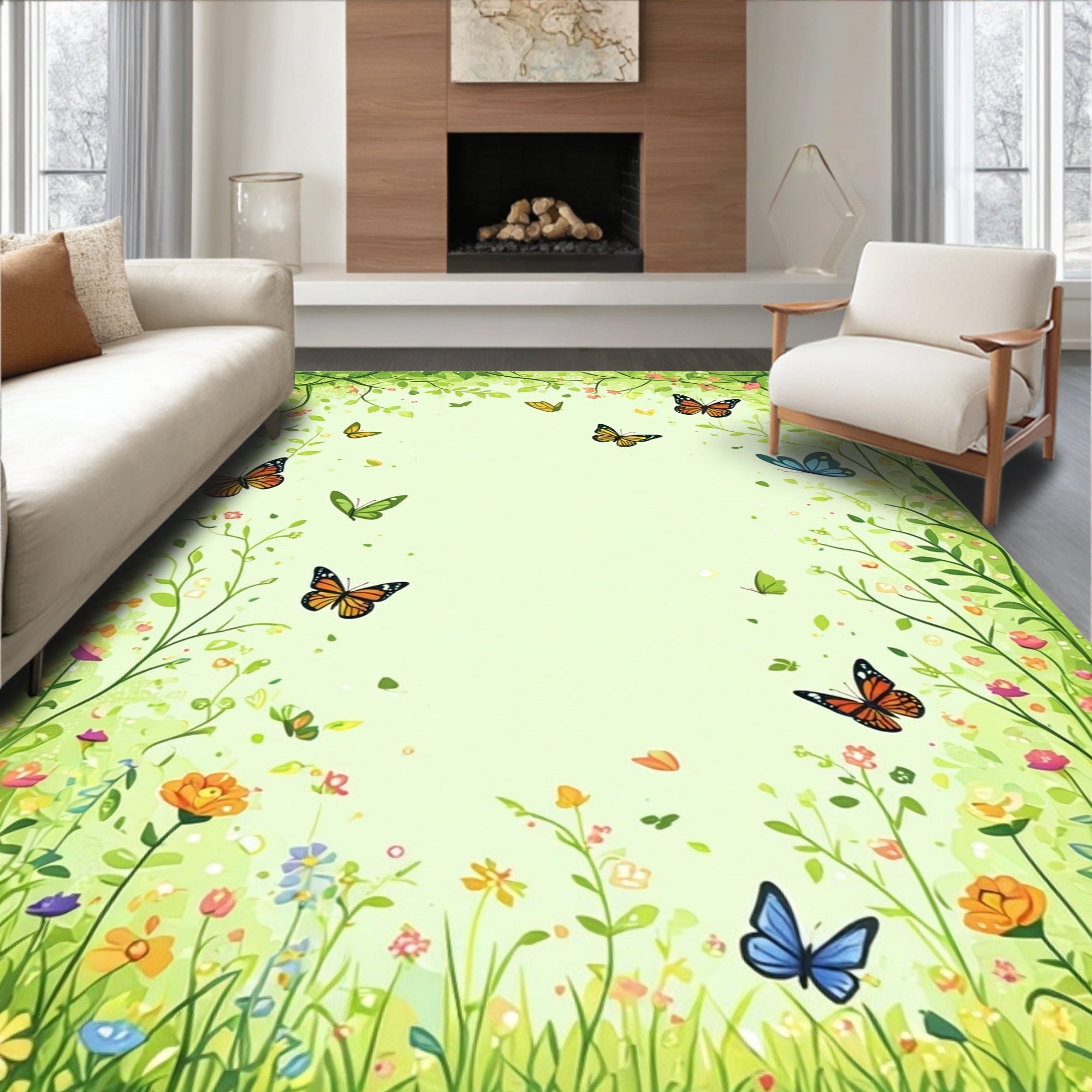 Whimsical Garden Butterfly Pattern Rug