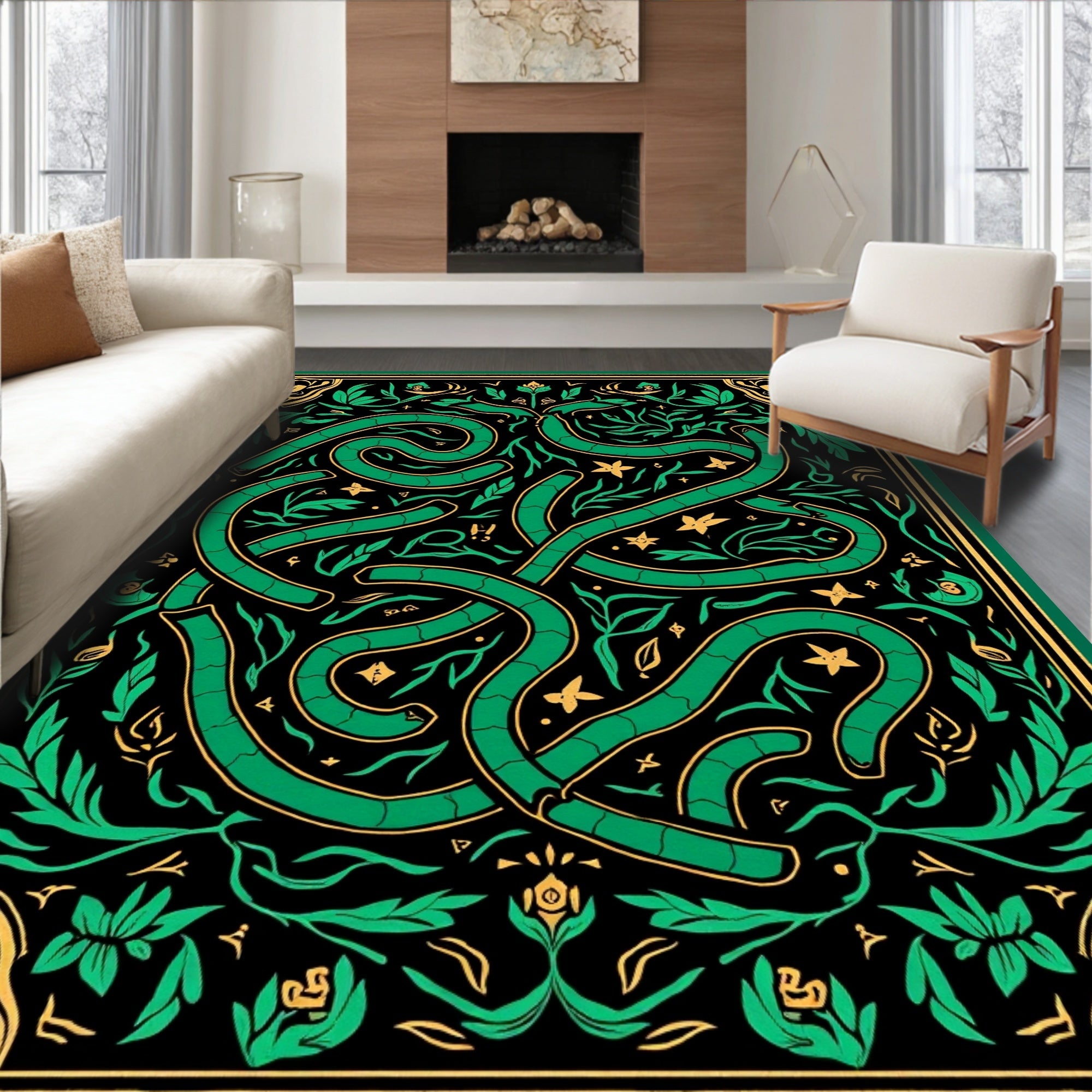 Emerald Serpent Floral Garden Design Rug