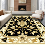 Ornate Black Gold Floral Design Rug