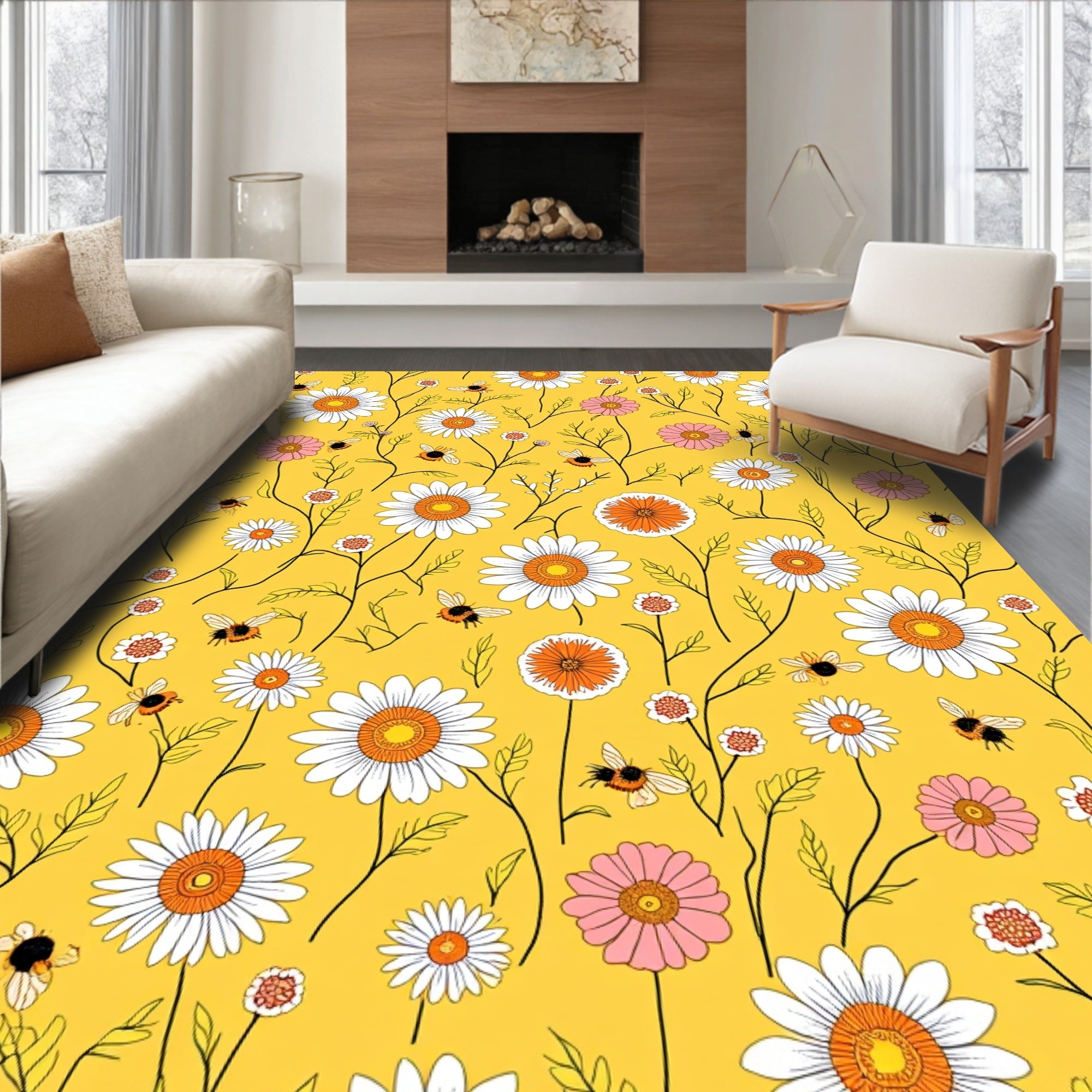 Sunny Yellow Daisy And Bee Pattern Rug