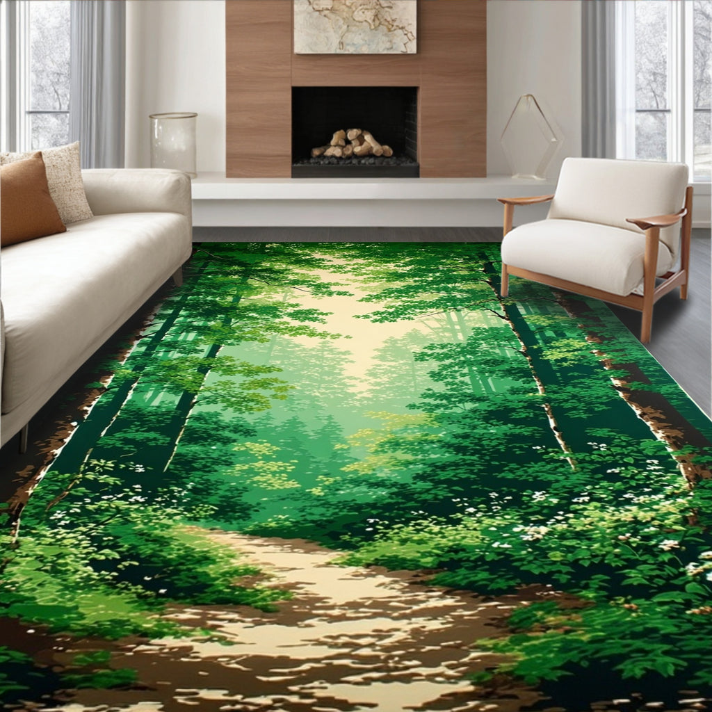 Lush Forest Path Vibrant Green Design Rug
