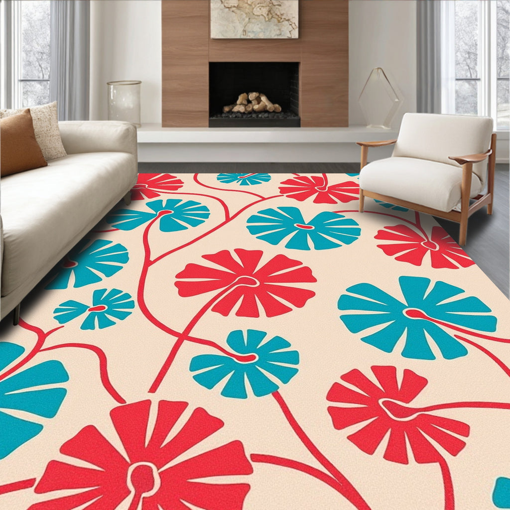 Red Blue Floral Vine Pattern Rug