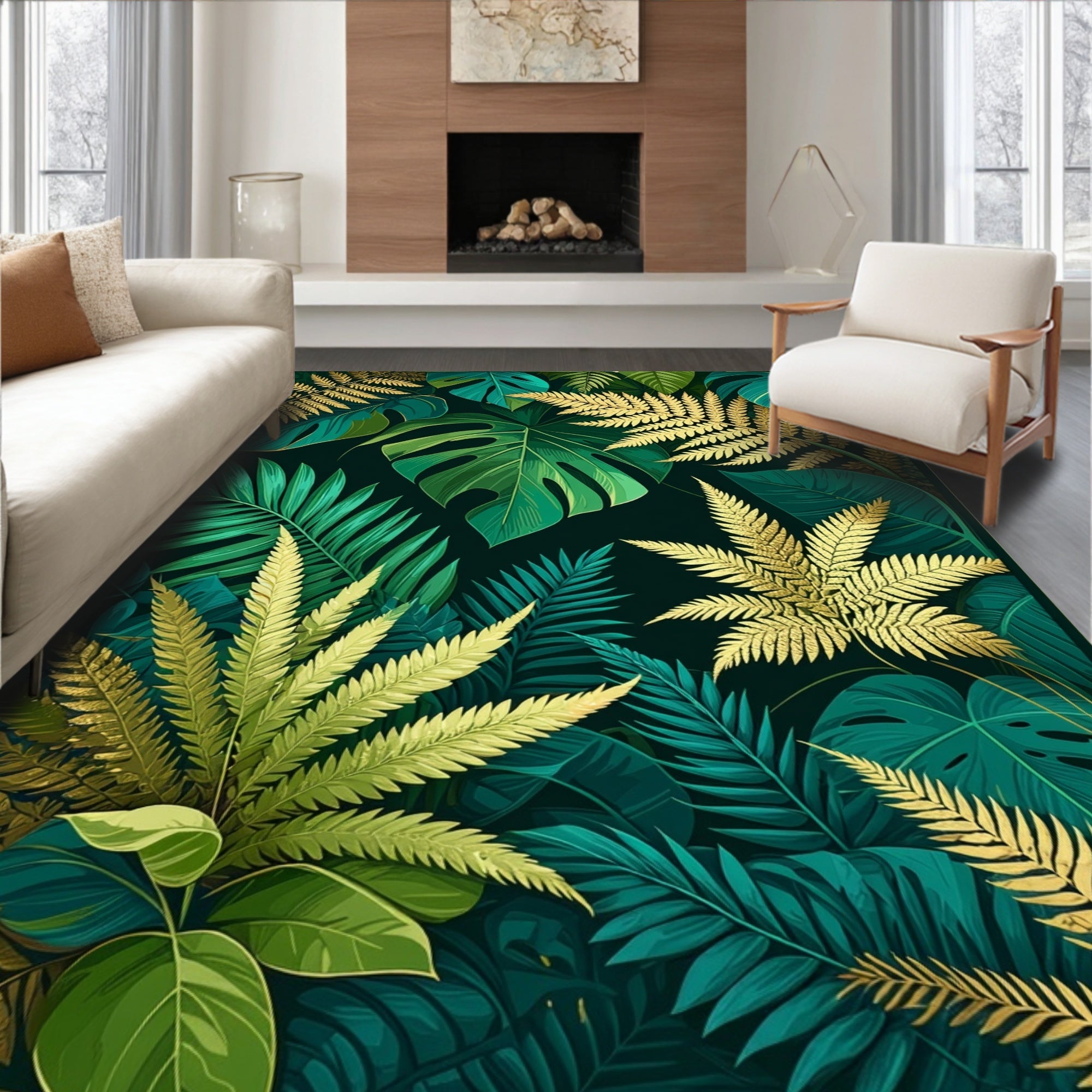 Lush Tropical Green and Gold Ferns Rug