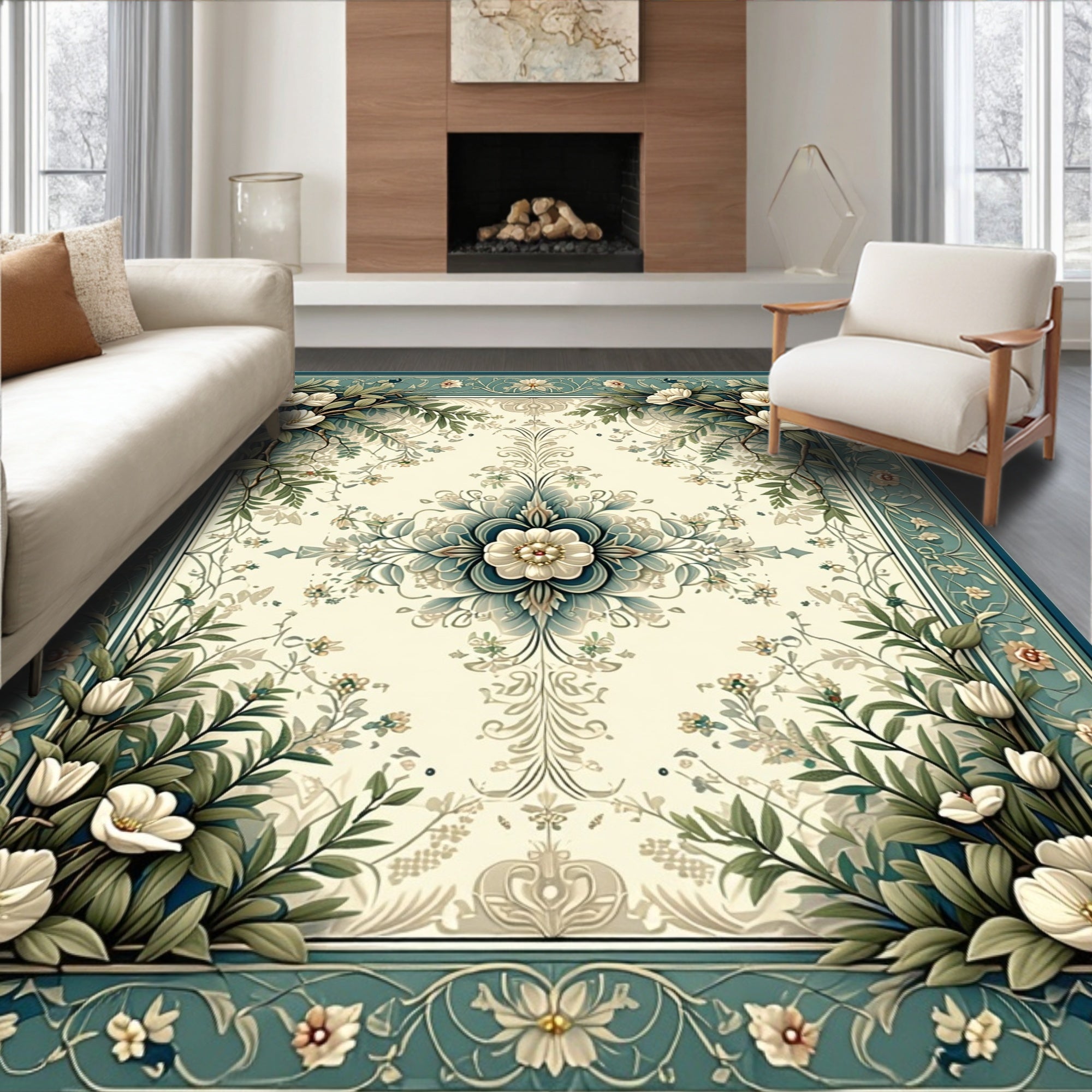 Floral Vines With Geometric Center Rug