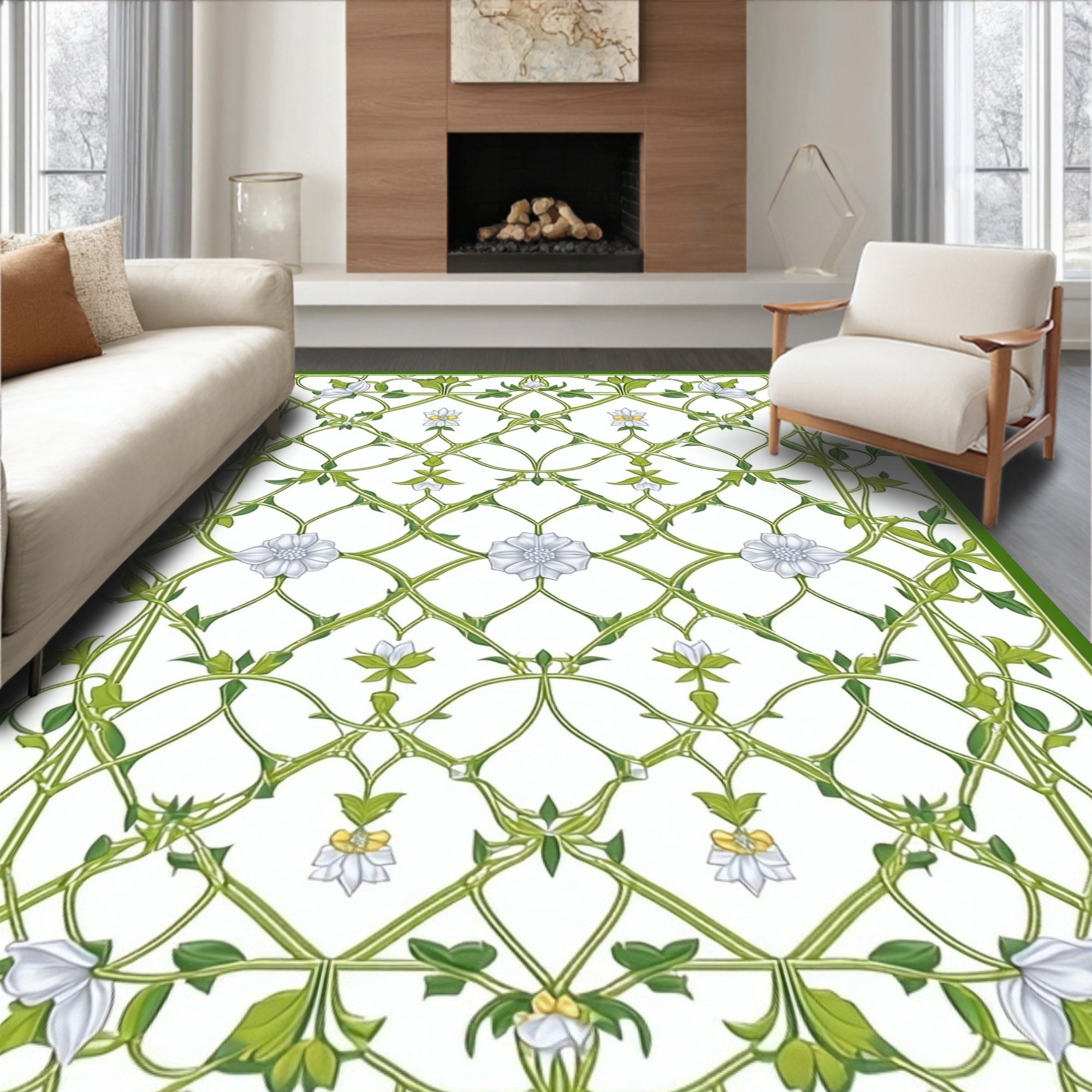Floral Lattice In Green White Rug