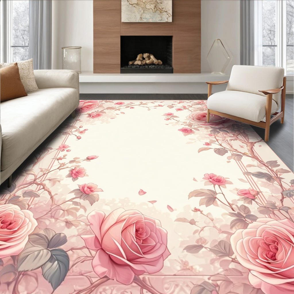 Elegant Blush Rose Vine Pattern Rug