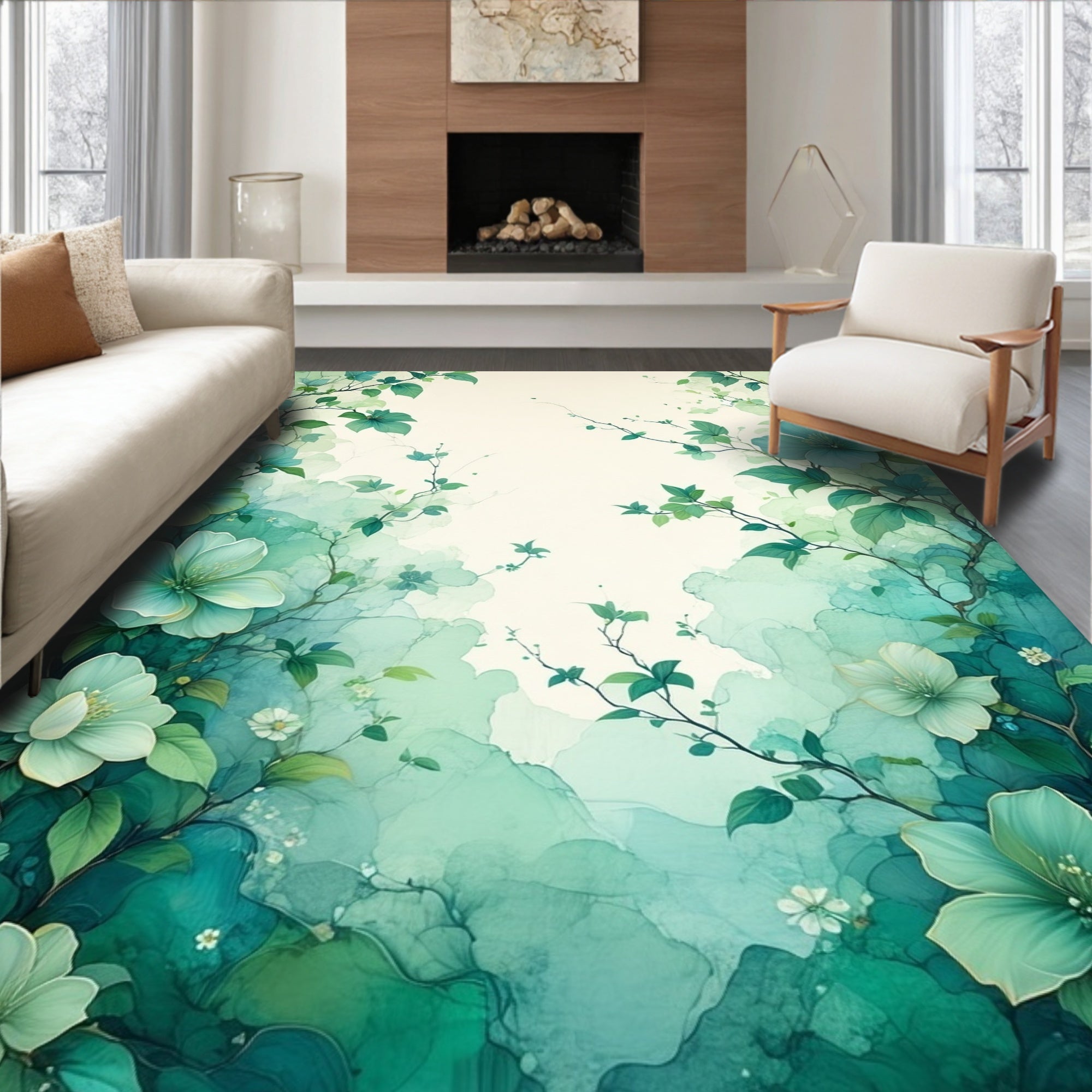 Ethereal Teal Floral Vine Pattern Rug