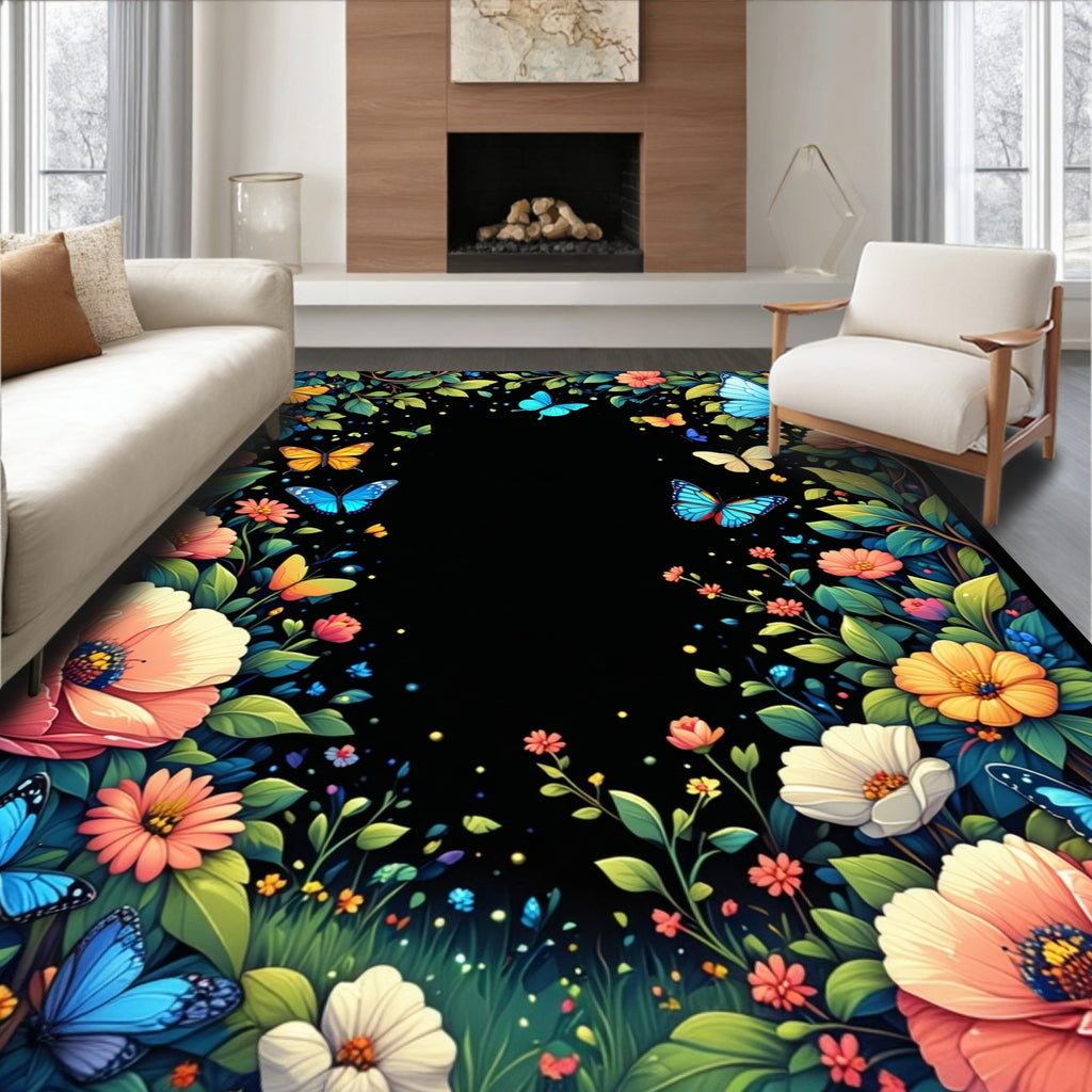 Vibrant Floral Butterfly Garden Pattern Rug