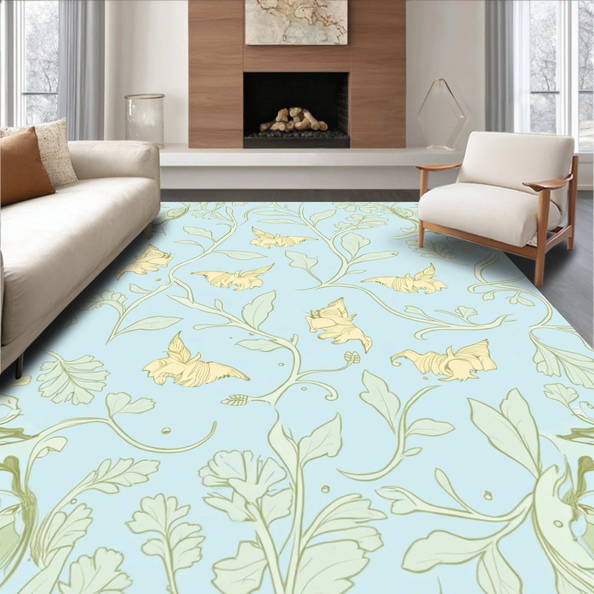 Floral Garden Whimsical Butterfly Pattern Rug