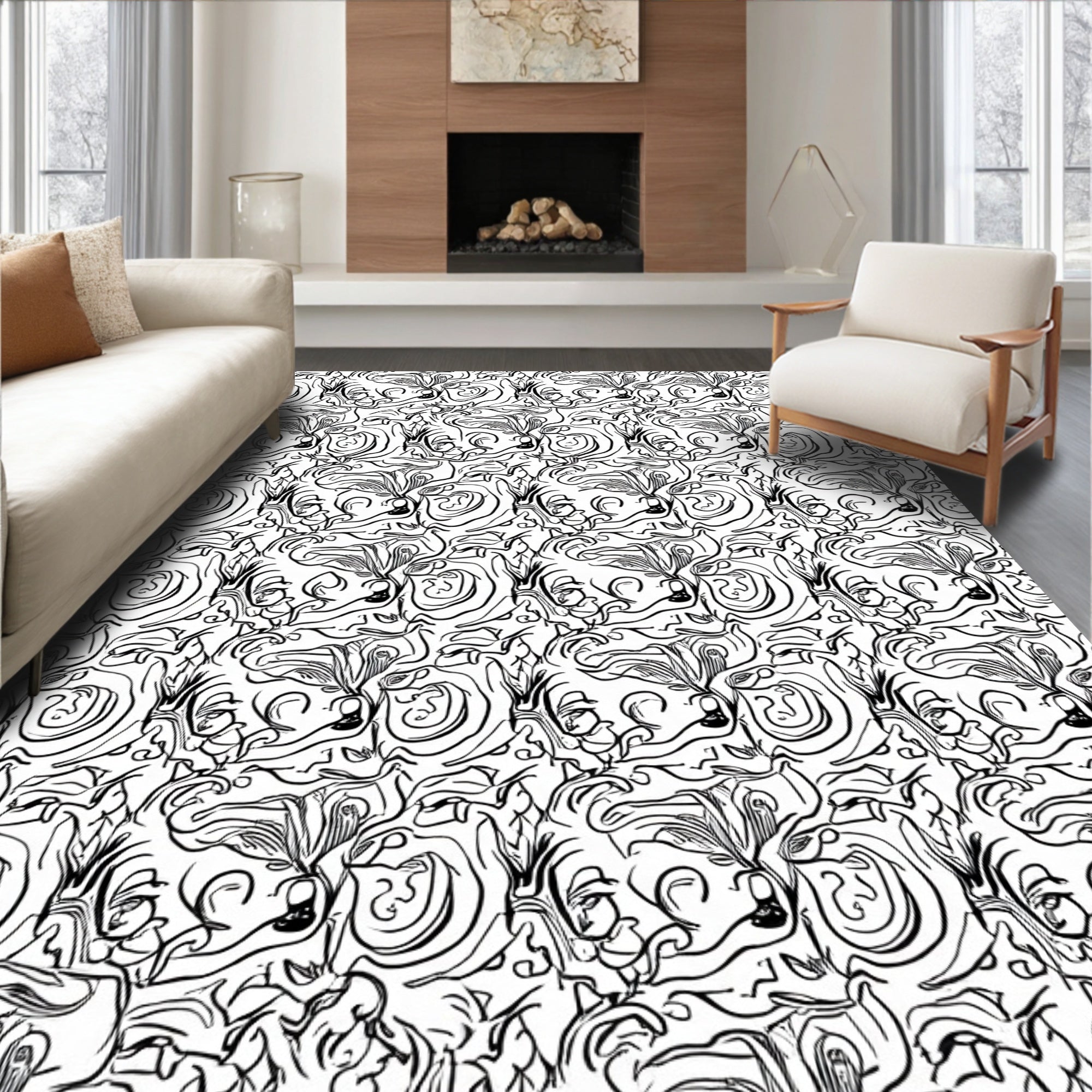 Abstract Swirl Botanical Linework Design Rug