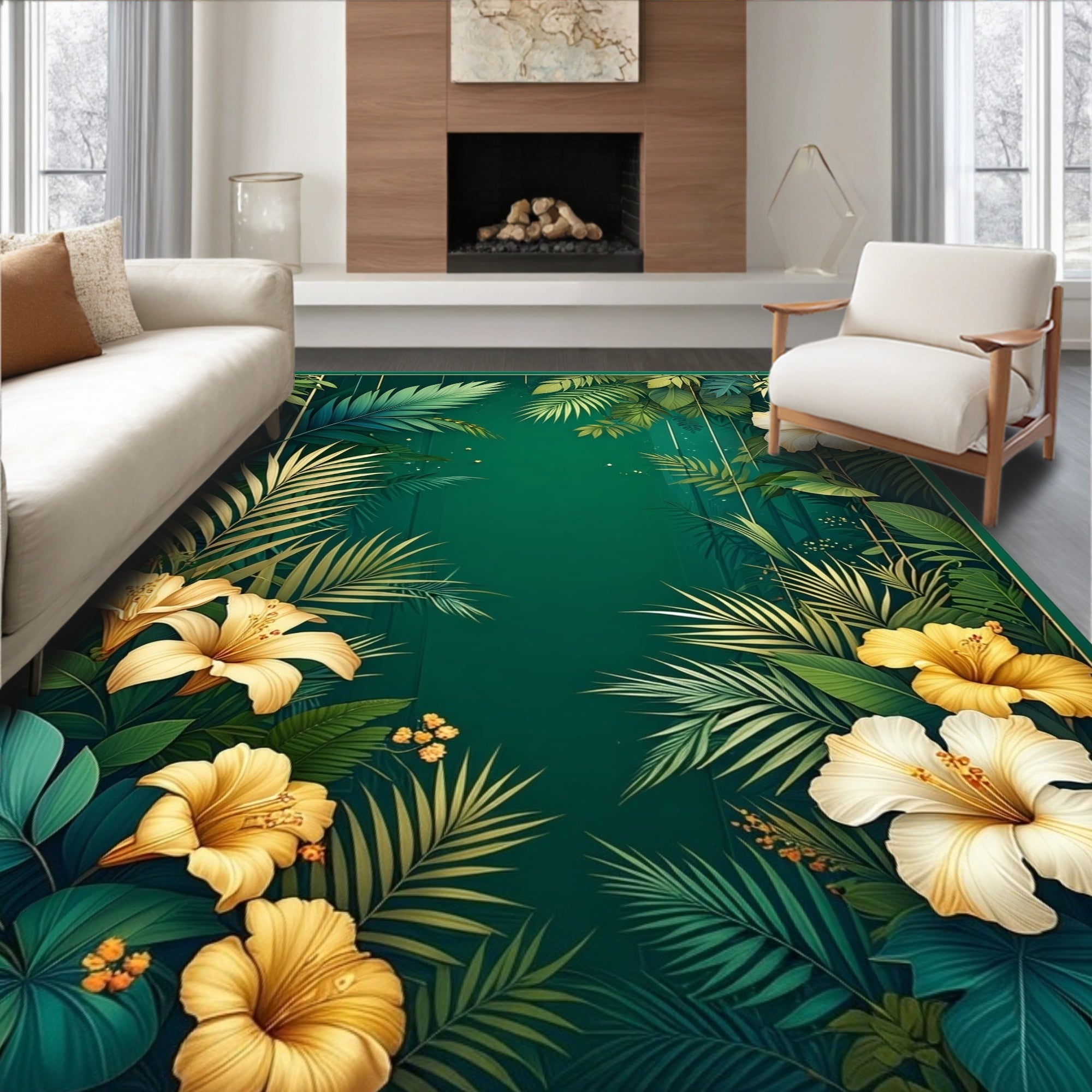 Lush Tropical Floral Botanical Design Rug