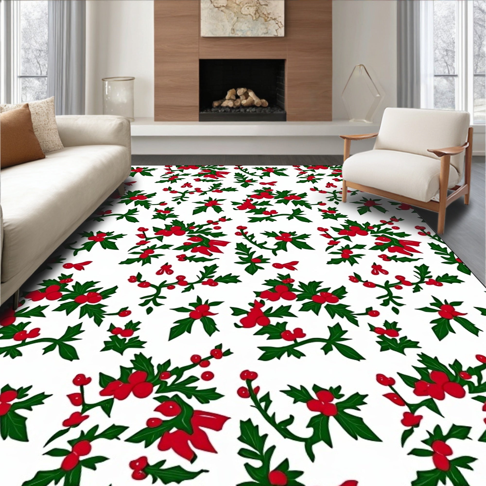 Crimson Berries and Evergreen Leaves Rug