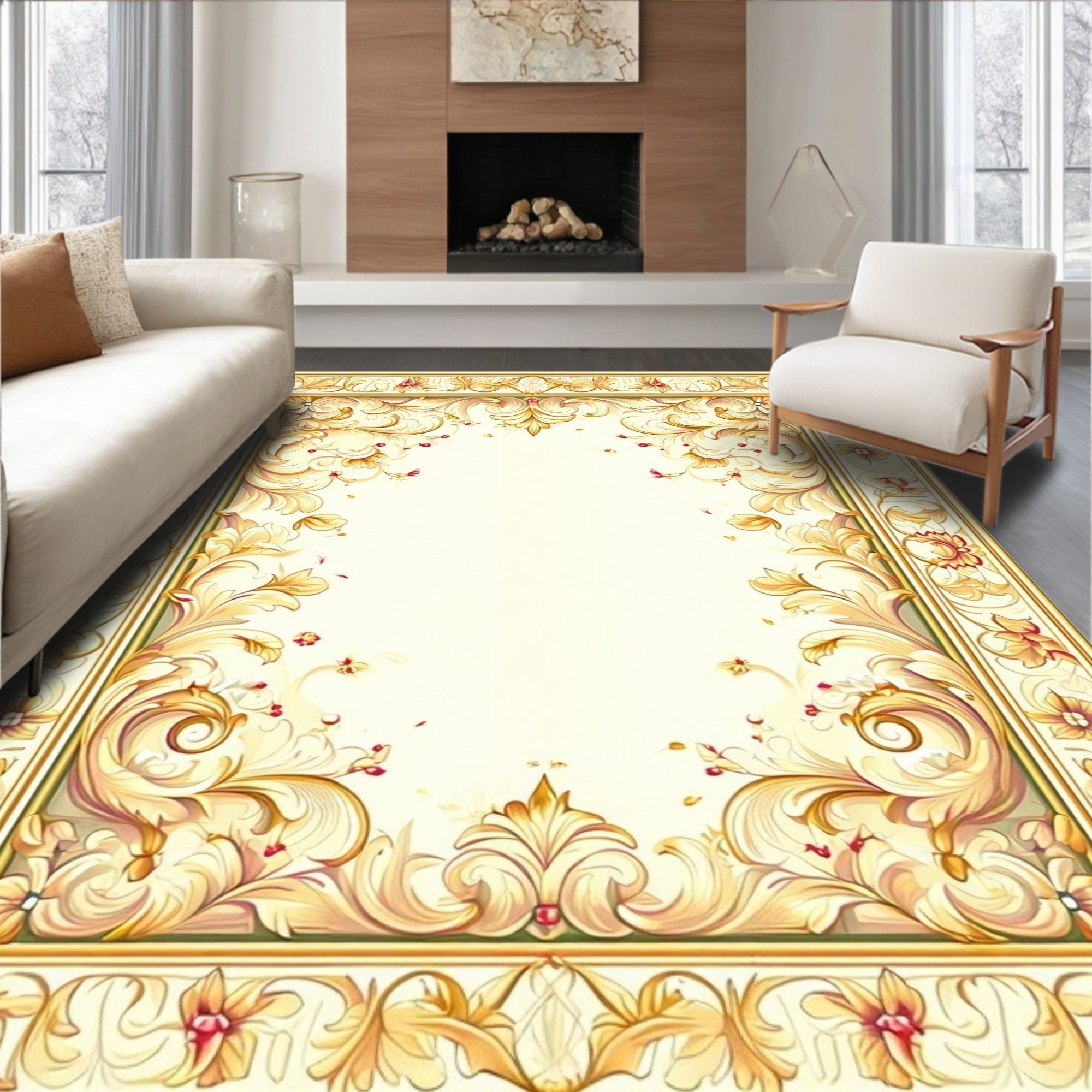 Ornate Gold Floral Flourish Design Rug