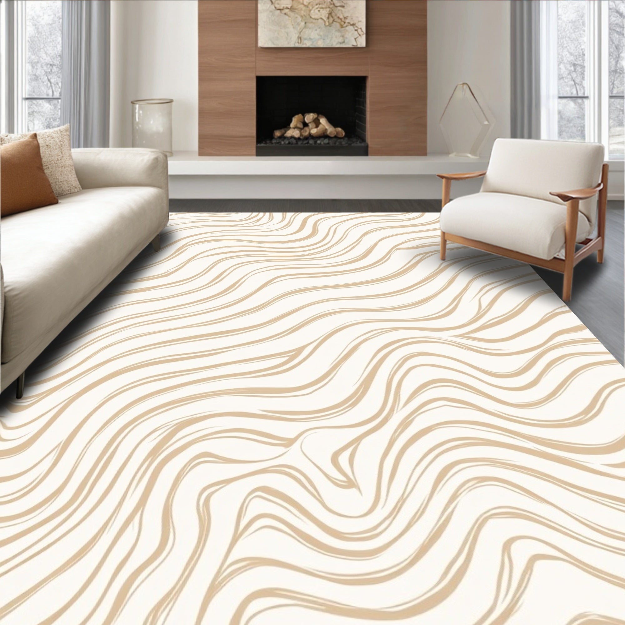 Textured Cream Beige Wavy Stripes Rug