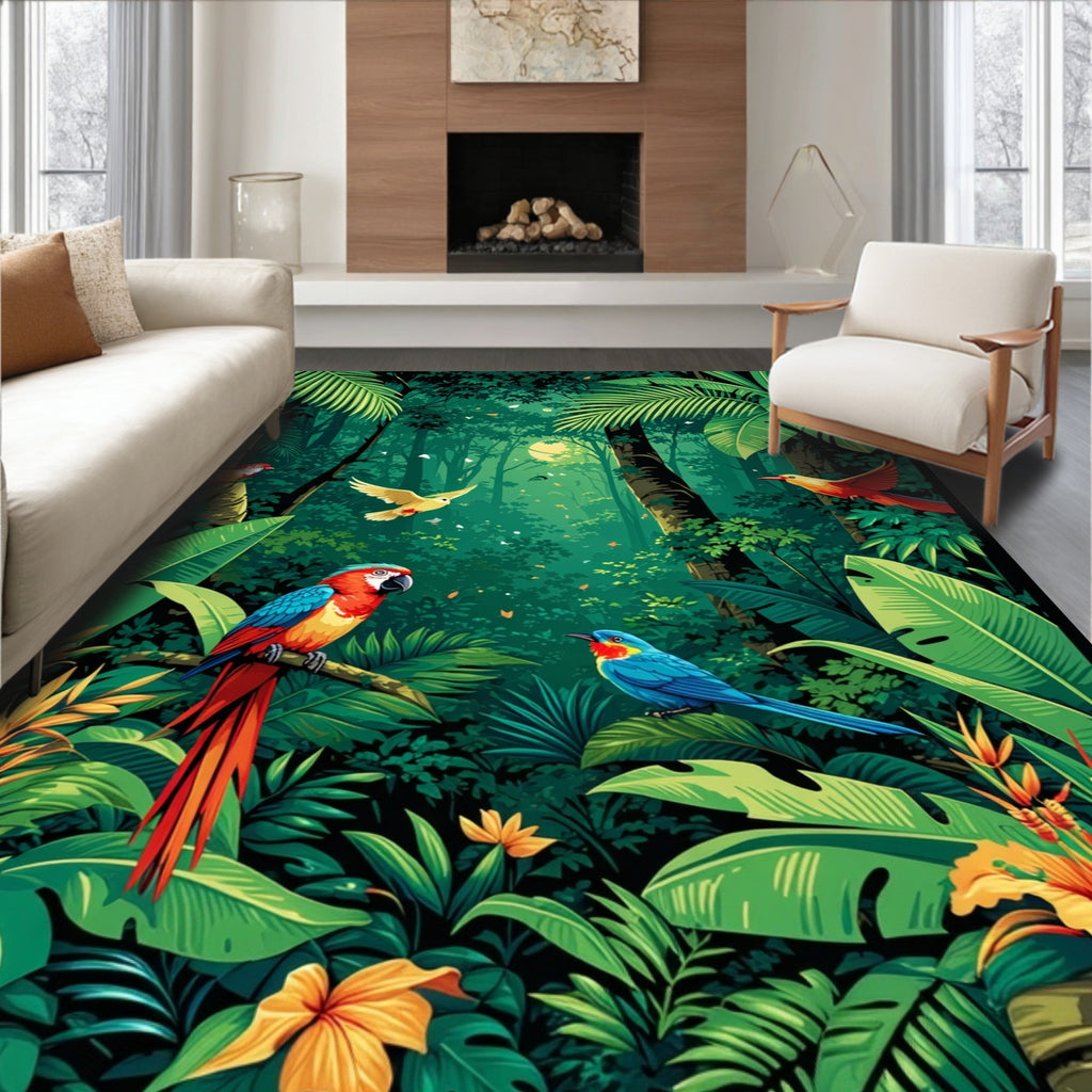 Tropical Forest Birds In Vibrant Greenery Rug