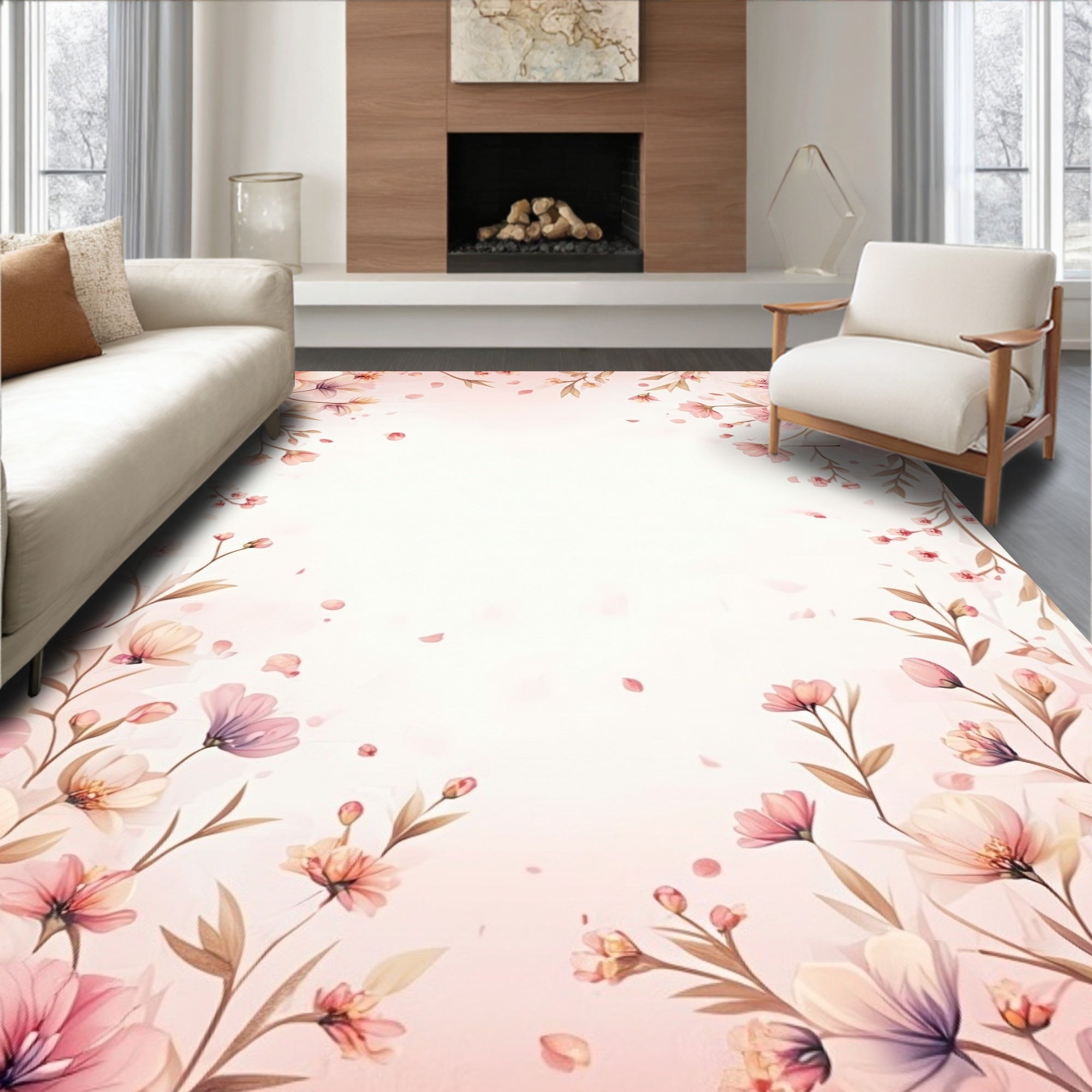Soft Pink Delicate Floral Outline Rug