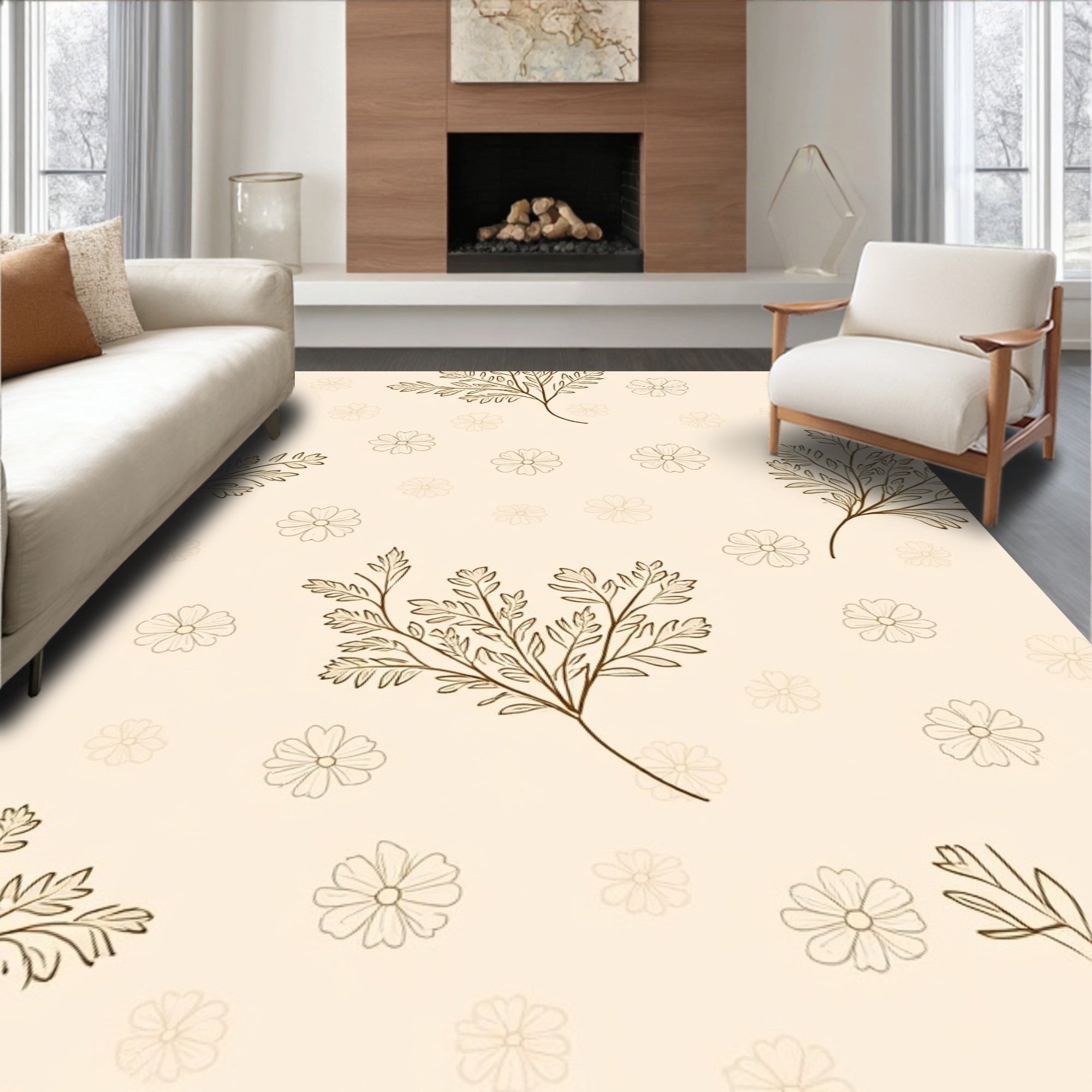 Delicate Floral and Leaf Pattern Rug