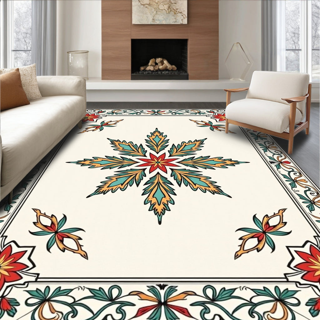 Ornate Floral Star and Border Pattern Rug