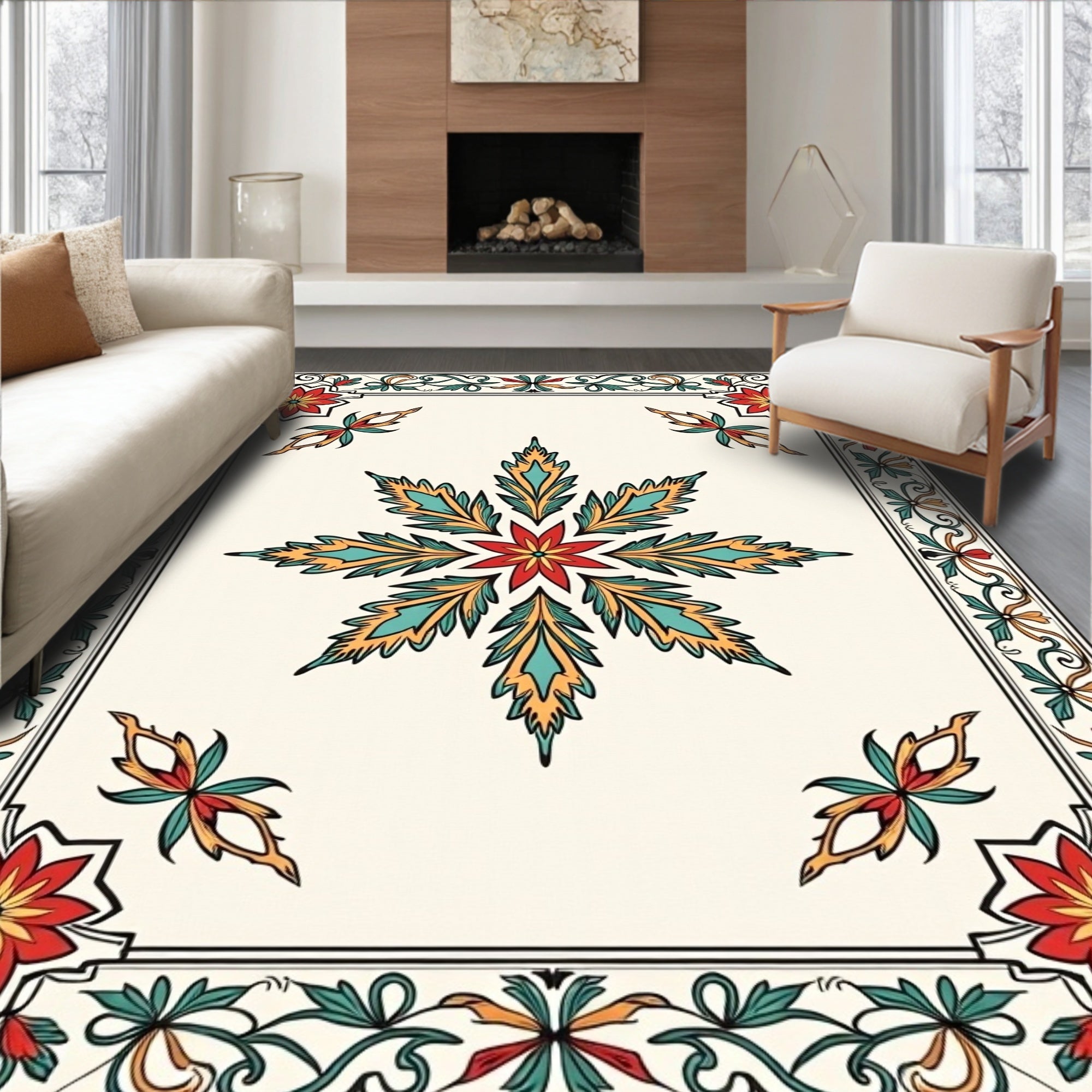 Ornate Floral Star and Border Pattern Rug