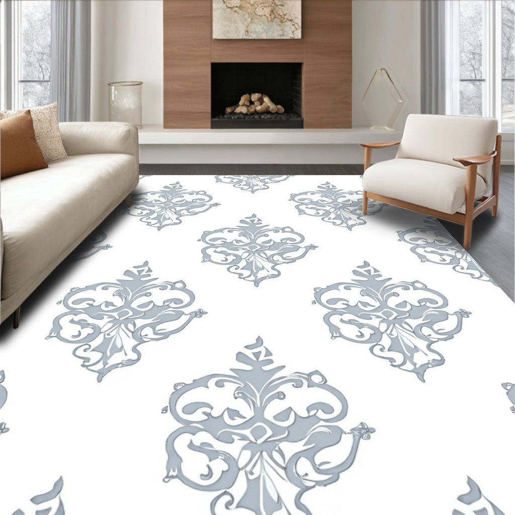 Classic Scroll Damask White Gray Rug