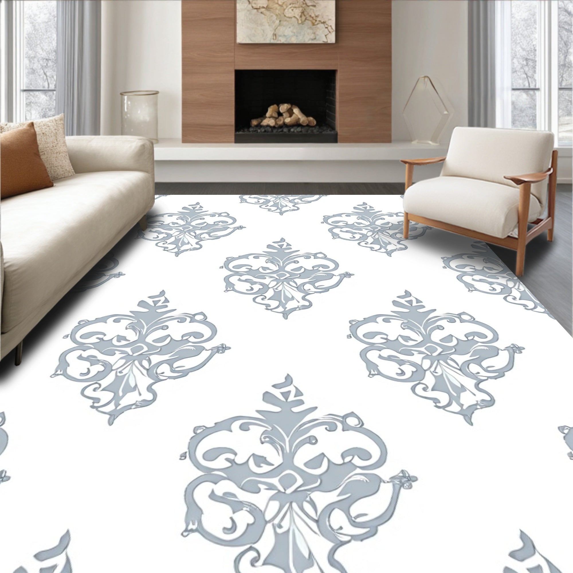 Classic Scroll Damask White Gray Rug