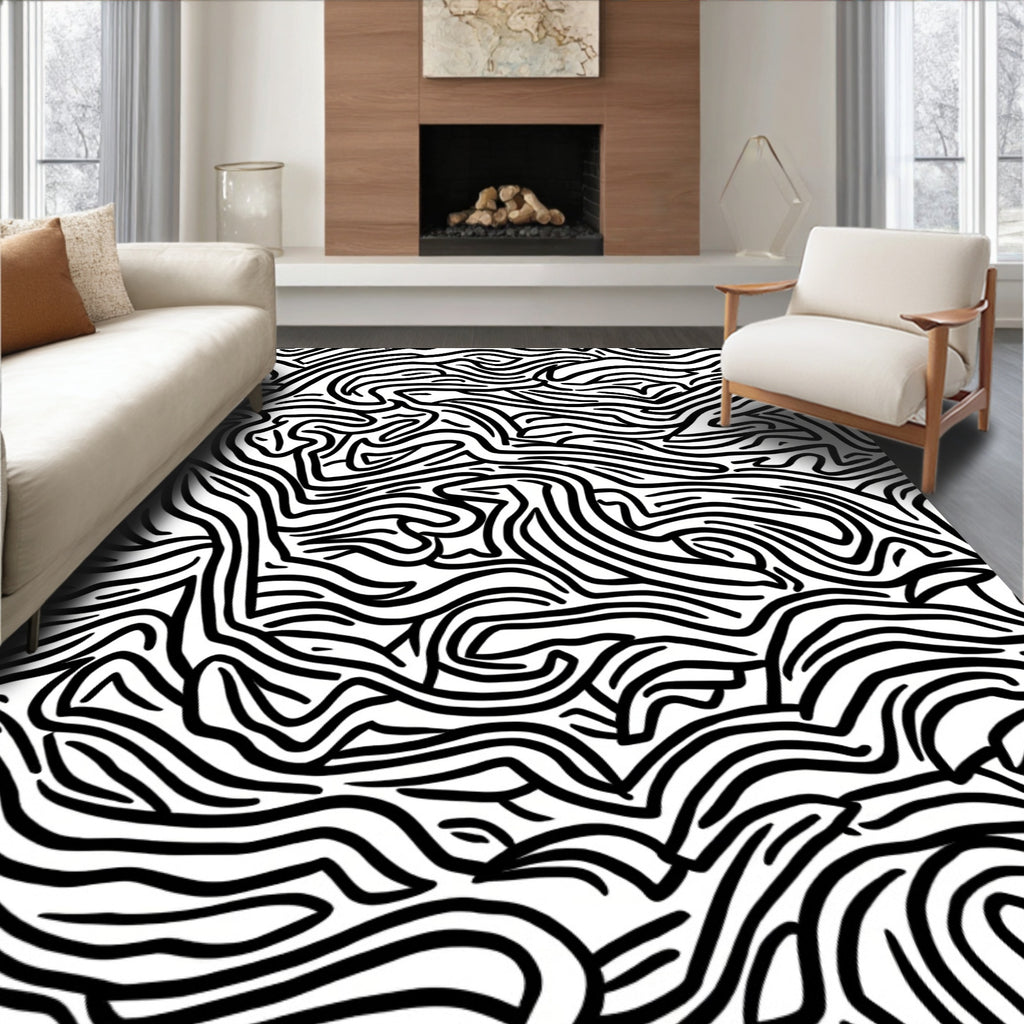 Abstract Black White Flowing Lines Rug