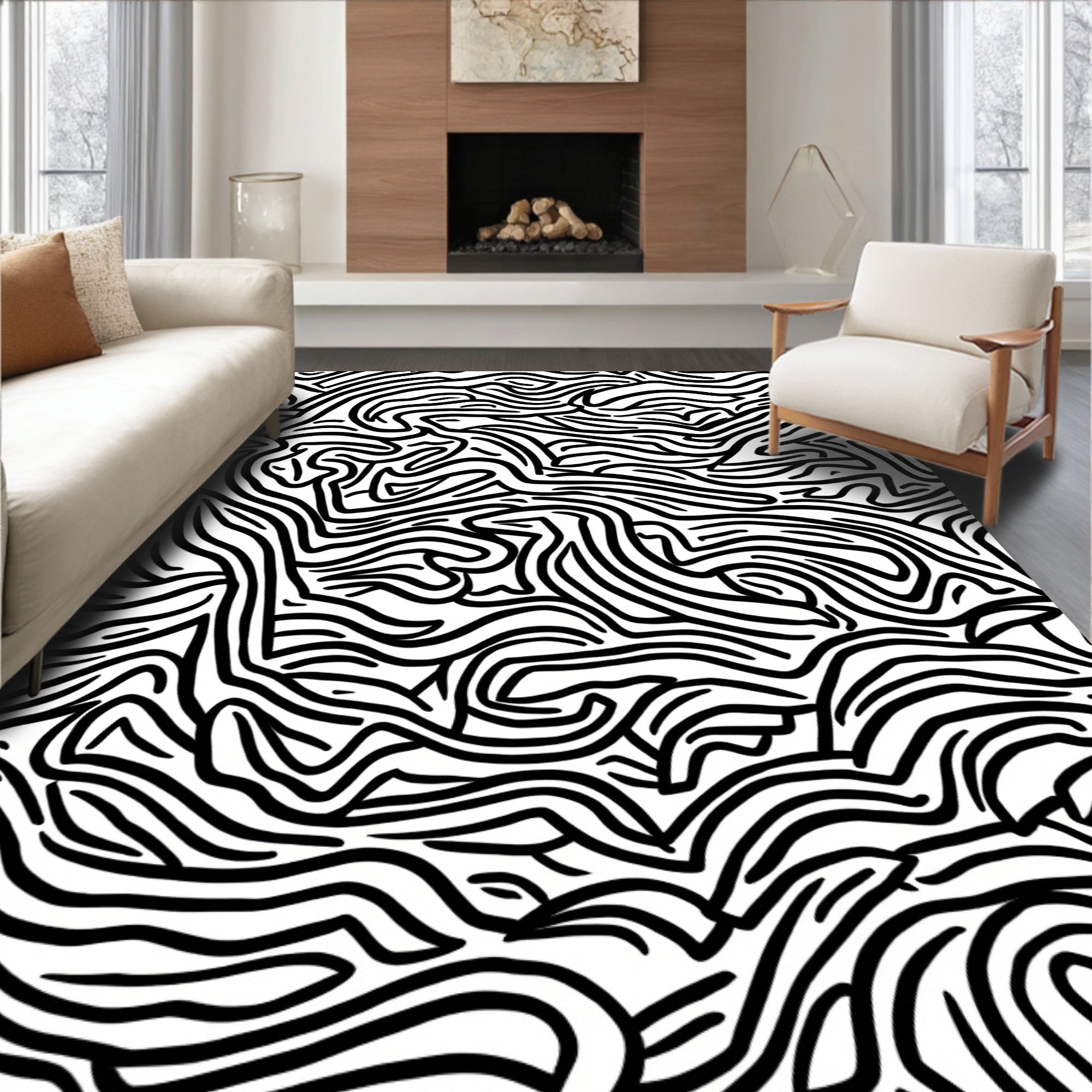 Abstract Black White Flowing Lines Rug