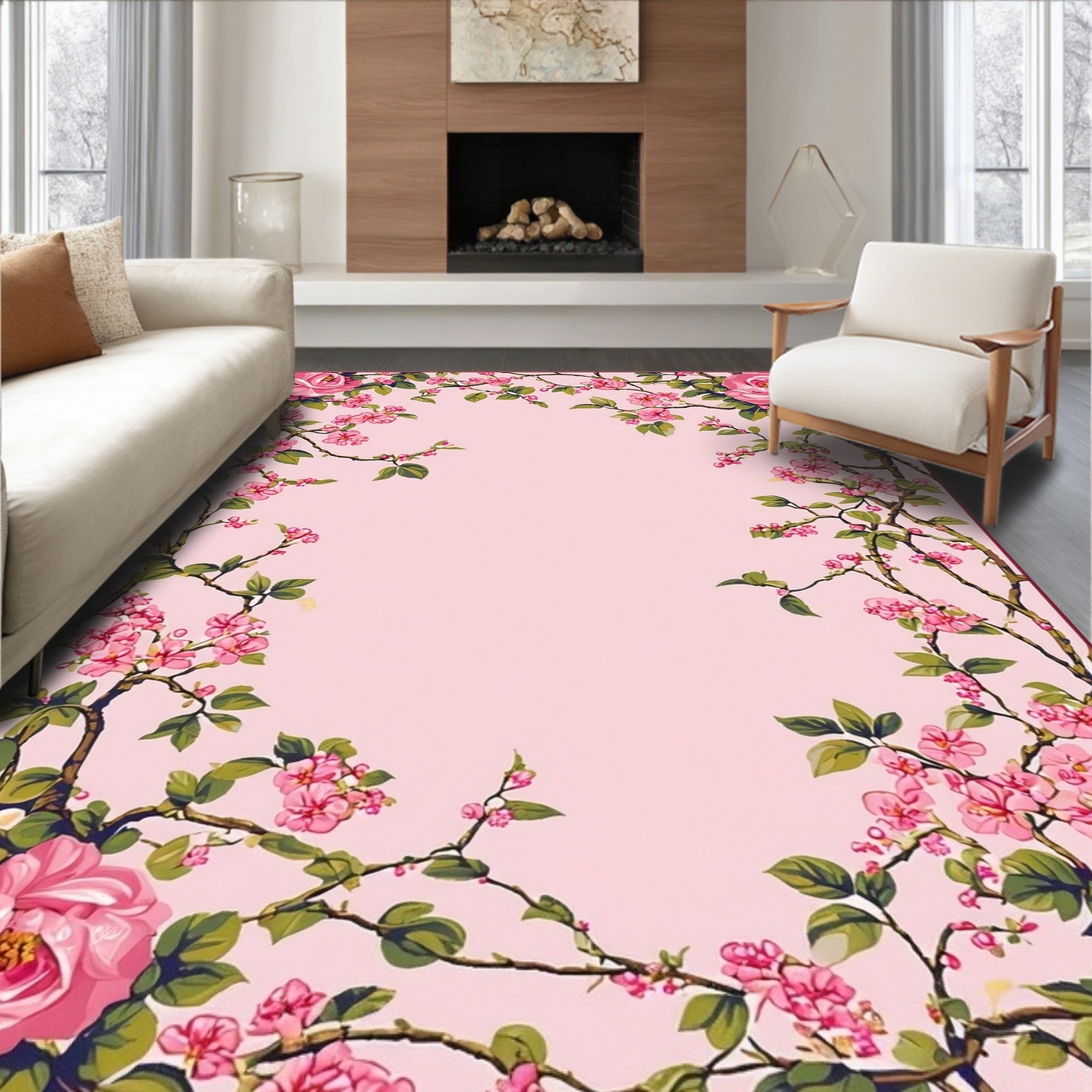 Vintage Pink Floral Branch Design Rug