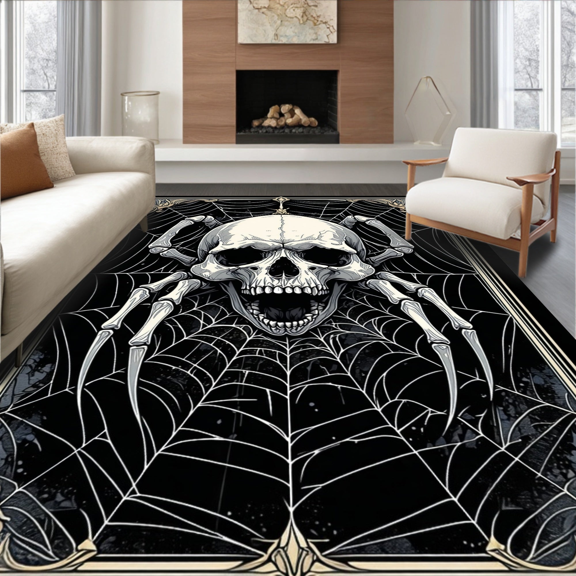 Macabre Skull Spider Web Design Rug