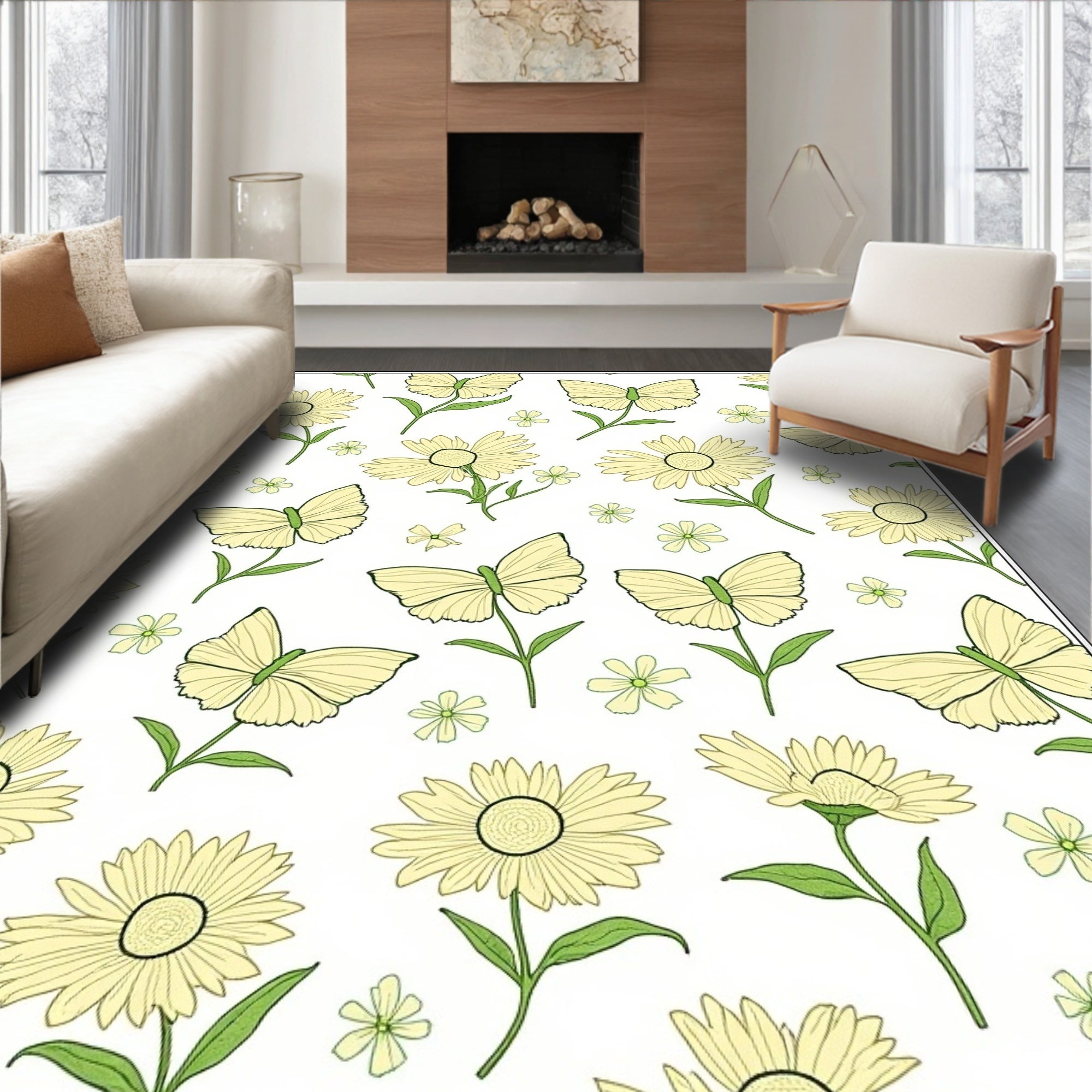 Yellow Buttery And Daisy Pattern Rug