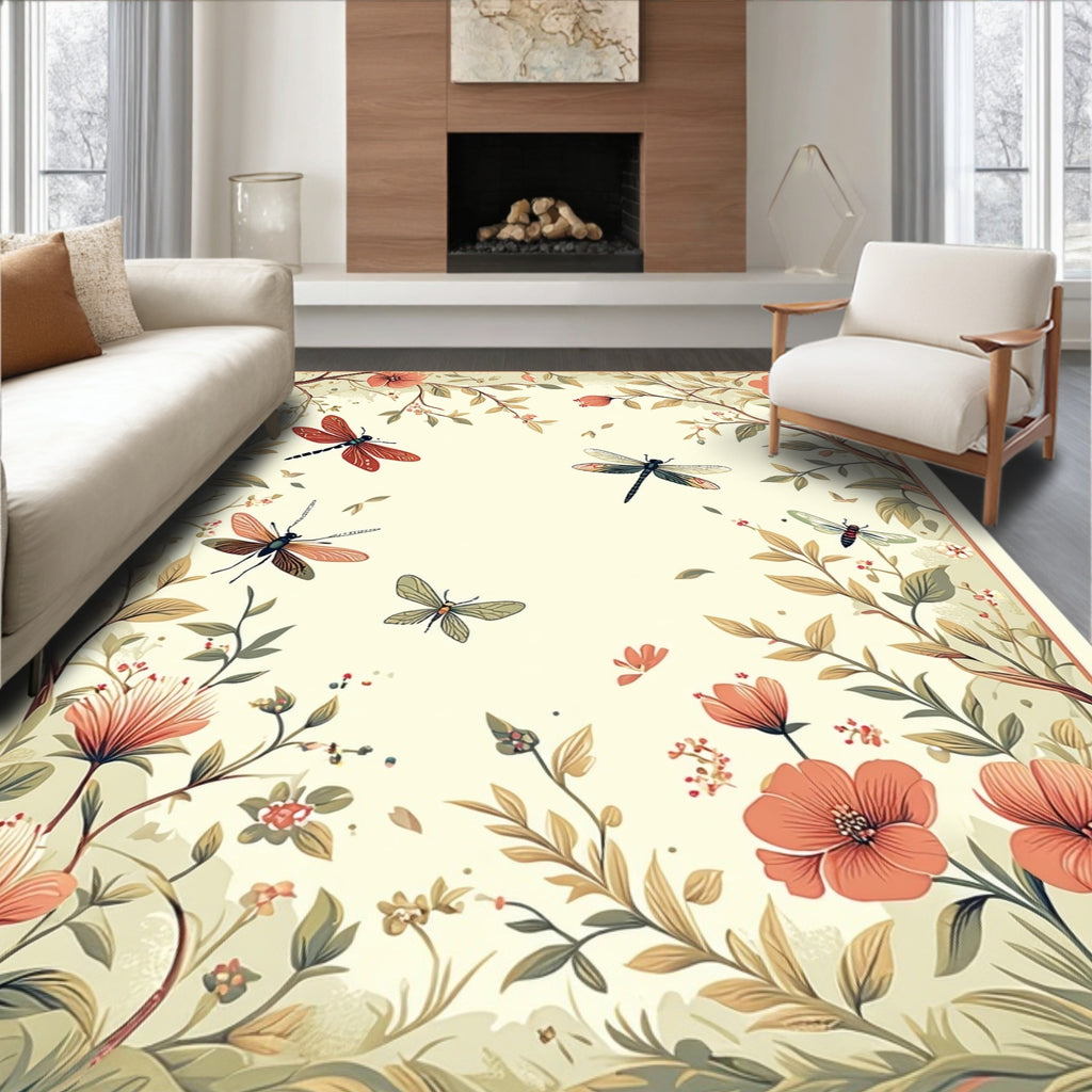Nature Dragonflies and Flowers Pattern Rug