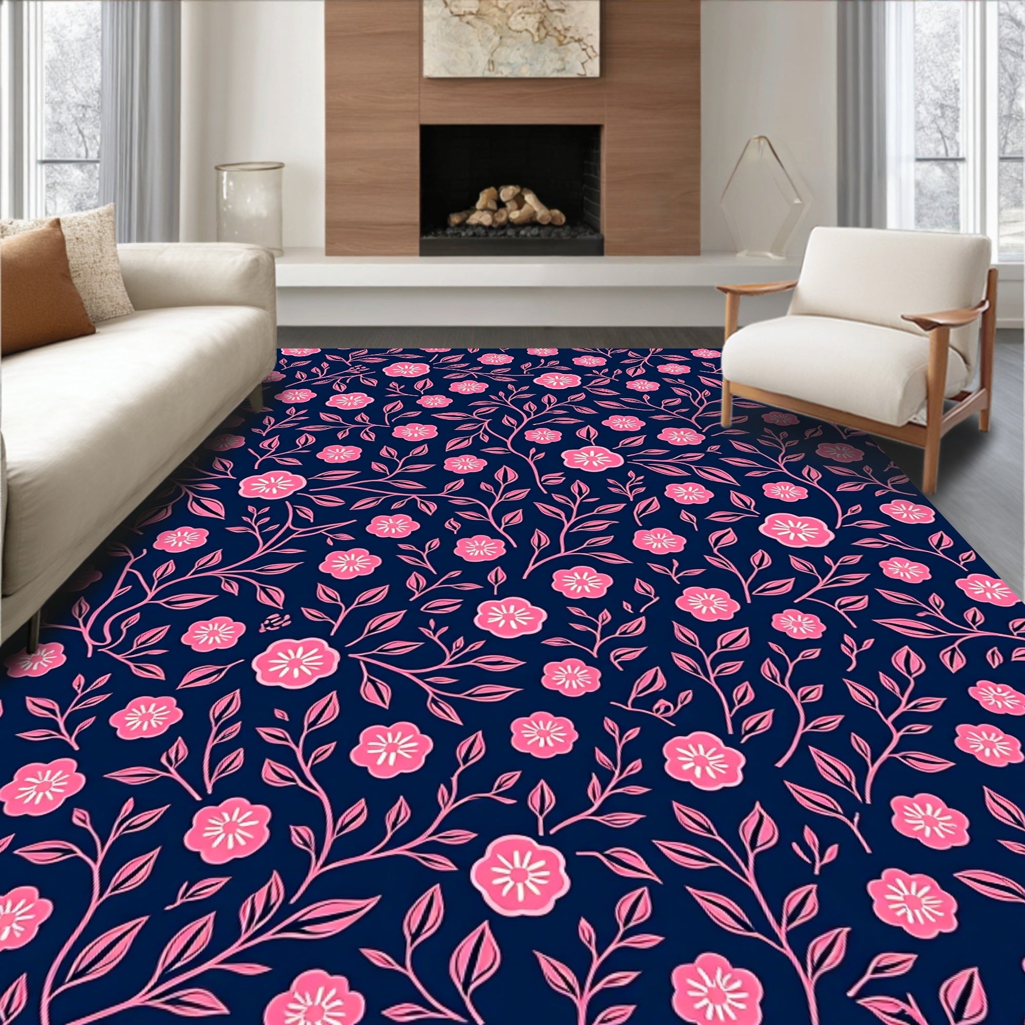 Pink Floral Vine Patterned Rug
