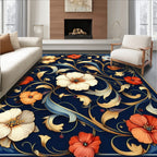 Intricate Floral Scrollwork Dark Blue Rug
