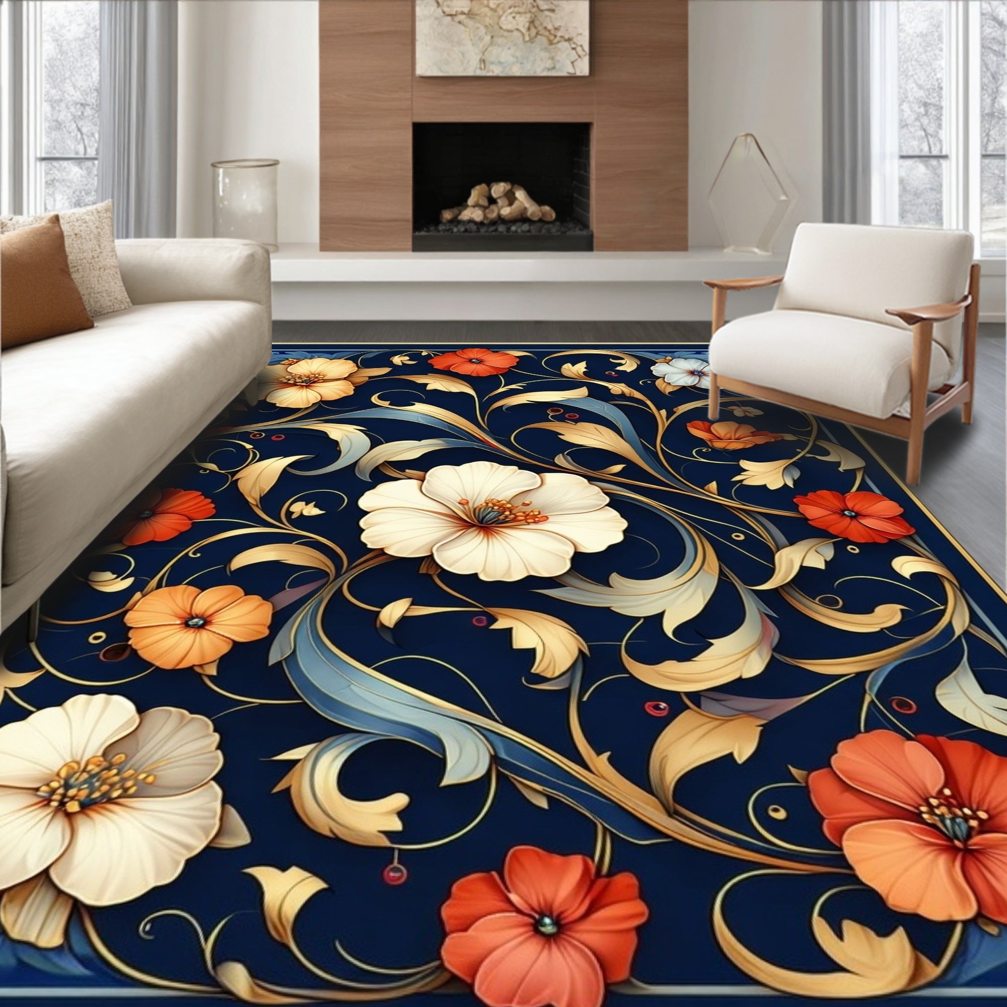 Intricate Floral Scrollwork Dark Blue Rug