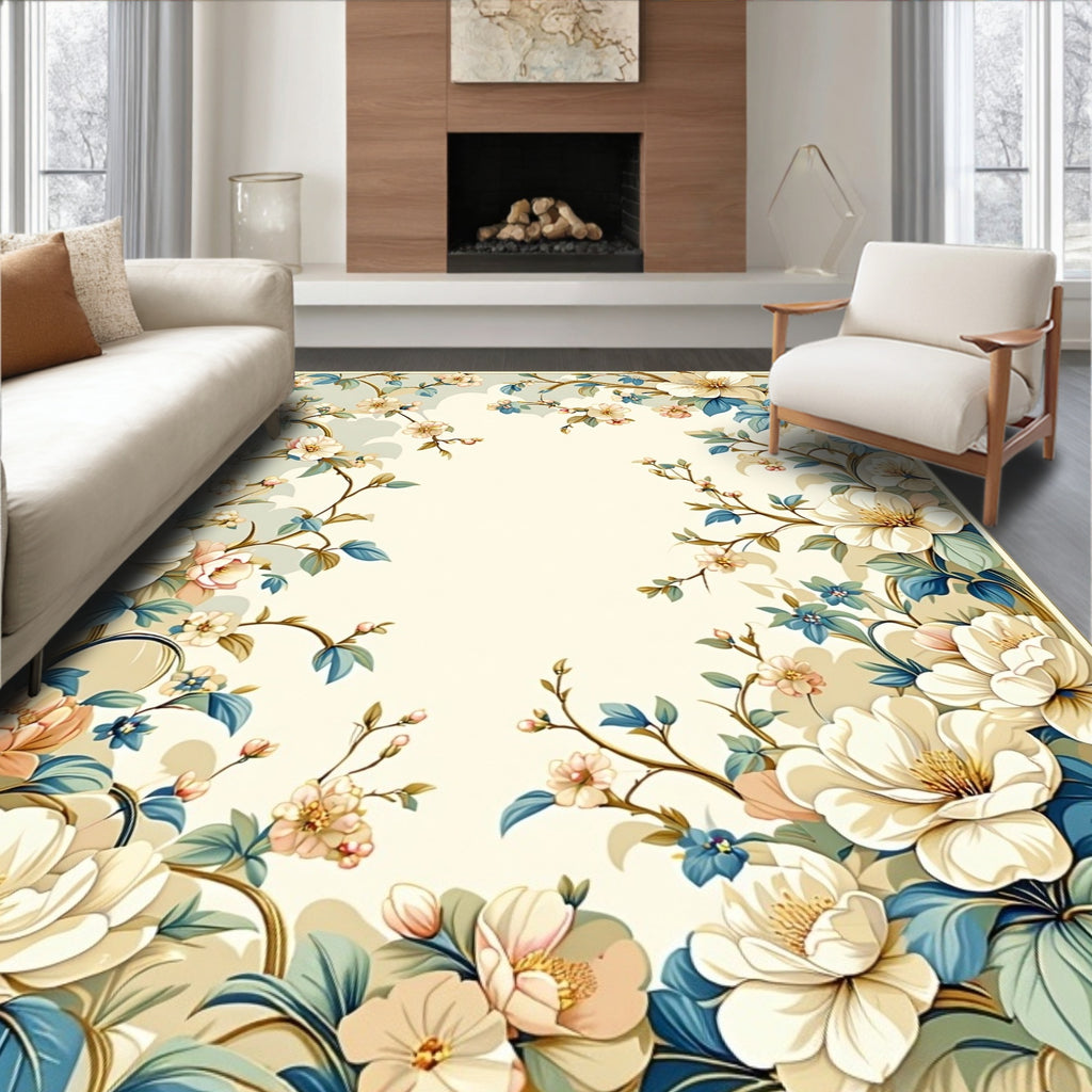 Floral Branch With Peach Blue Blooms Rug