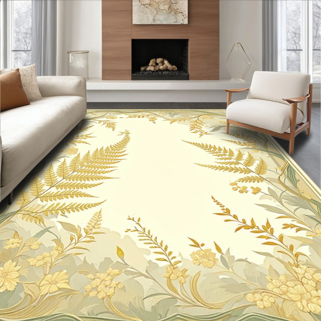 Golden Fern and Floral Vine Design Rug