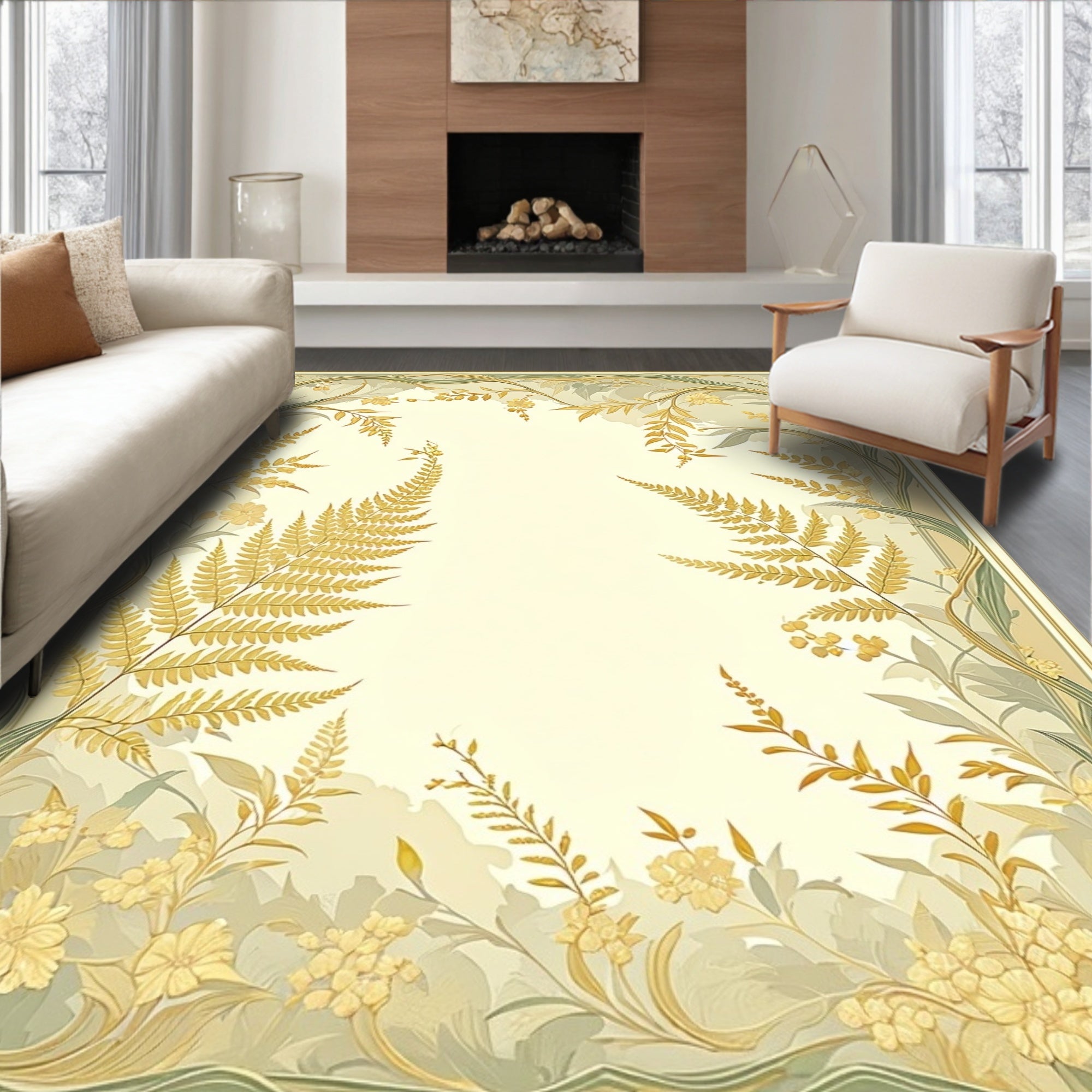 Golden Fern and Floral Vine Design Rug