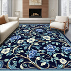 Midnight Blue Floral Scroll Design Rug