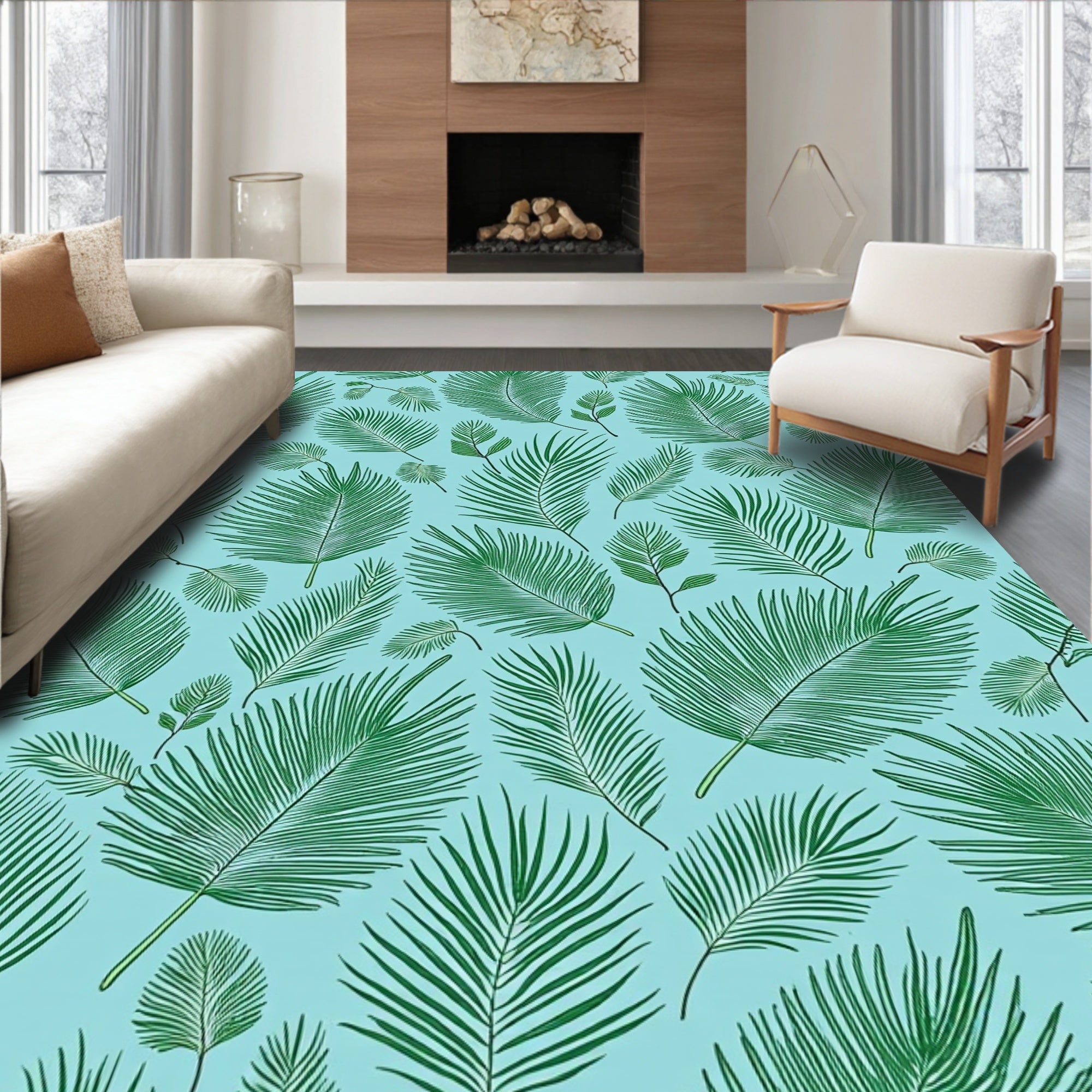 Green Frond Pattern on Aqua Background Rug