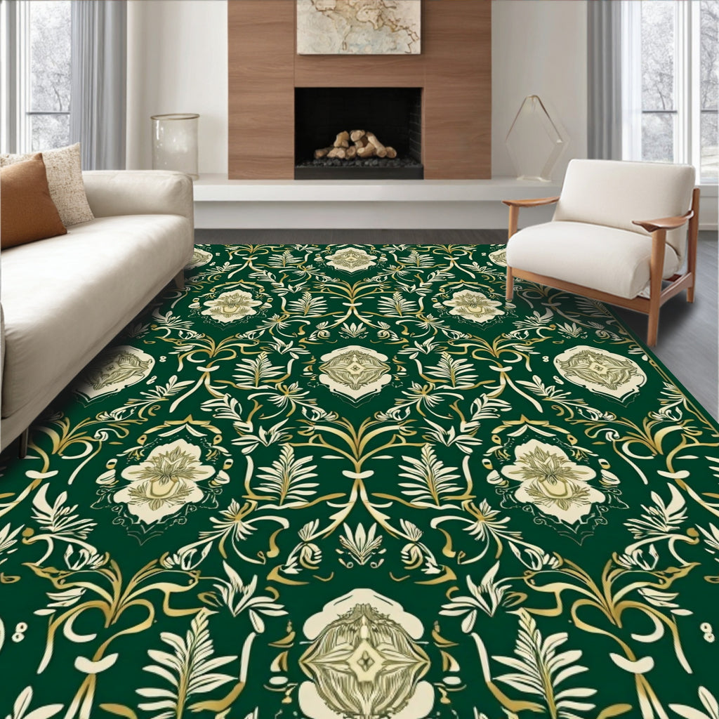 Ornate Floral Patterned Deep Green Rug