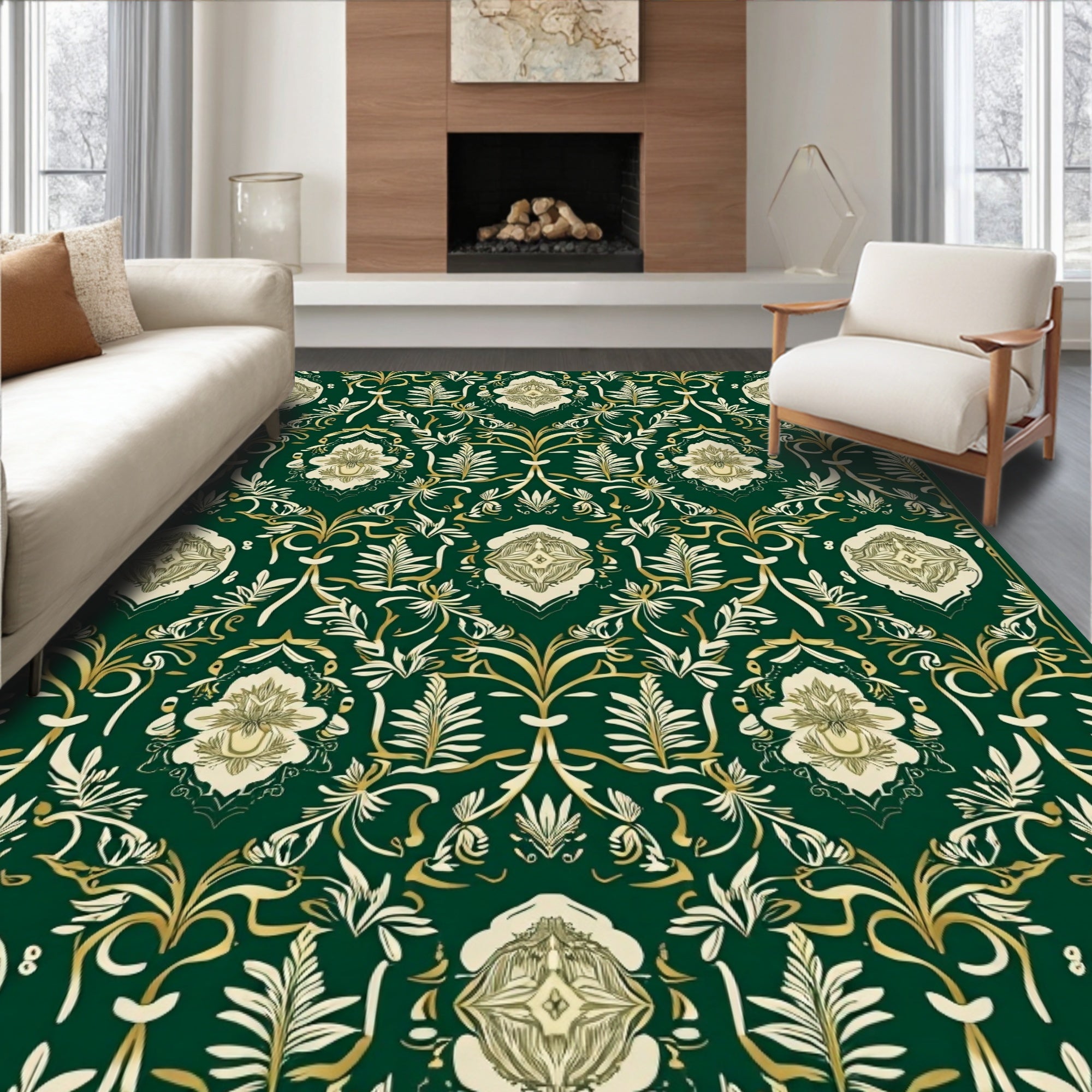 Ornate Floral Patterned Deep Green Rug