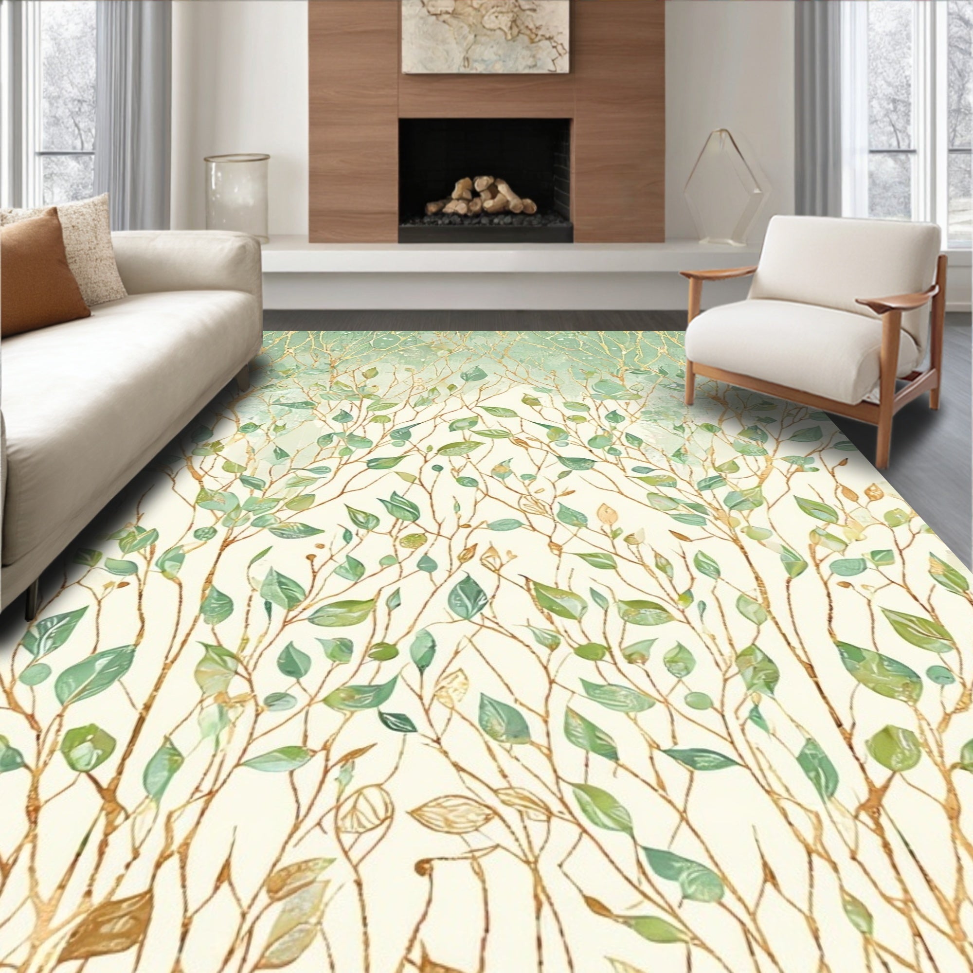 Botanical Watercolor Branches Leaves Design Rug