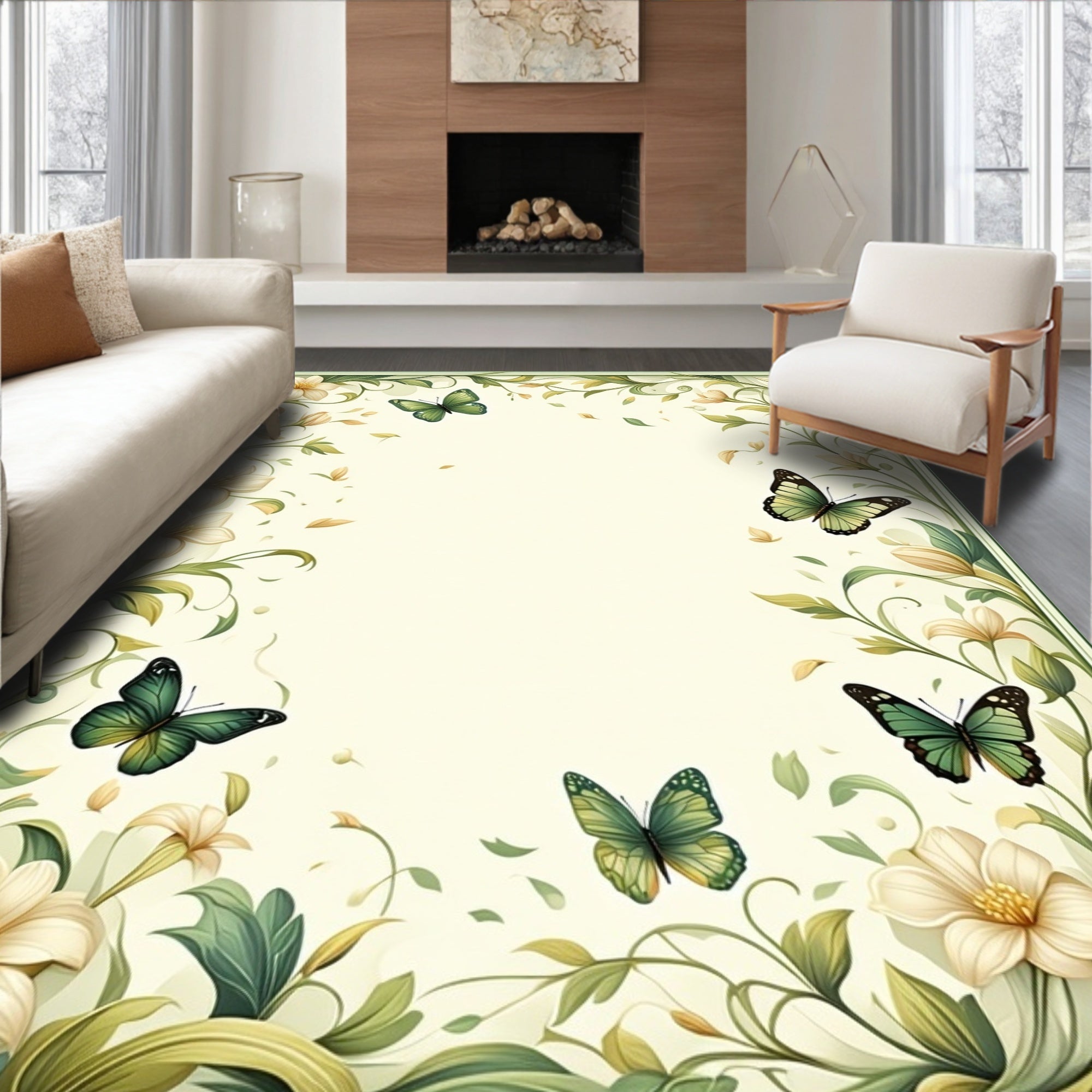 Delicate Floral Butterfly Garden Design Rug