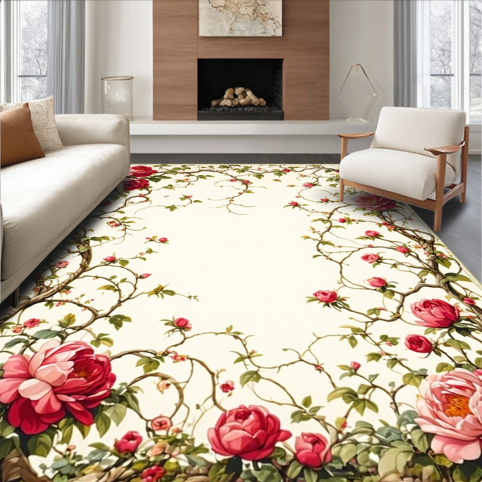 Vintage Peony Vine Floral Pattern Rug