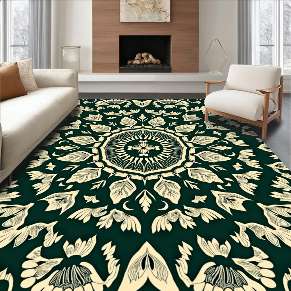 Ivory Botanical Mandala On Deep Green Rug